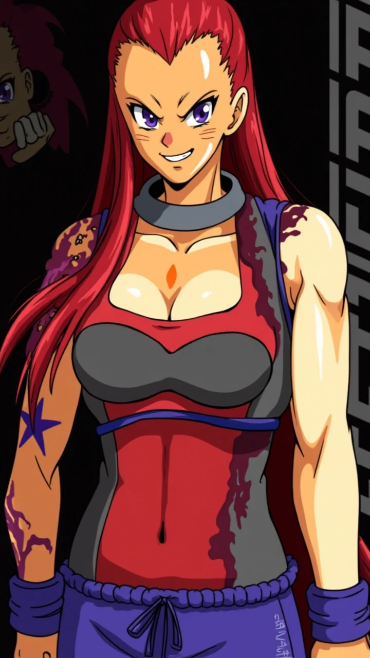 masterpiece, best quality, absurdres, 1woman, revy, arm tattoo,, 42-year-old, milf, milf figure, looking at viewer, standing, outdoors, street, hands on hips, teeth, grin, fang, cowboy shot, fingerless gloves, belt
