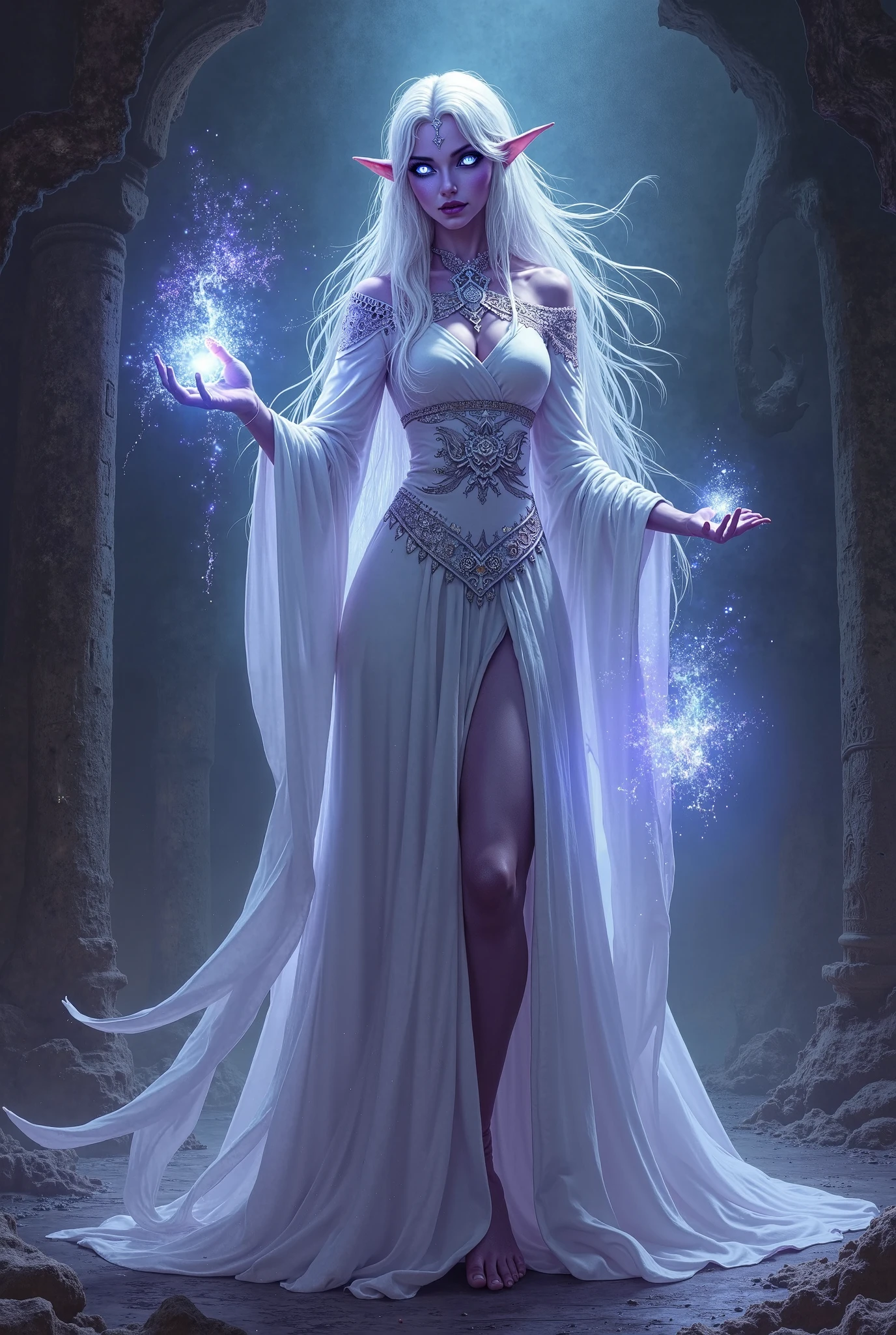 I need you to generate a high elf for me, She is a beautiful woman with snow-white hair and violet children., She has big breasts and is a witch, it's for dungeons and dragons