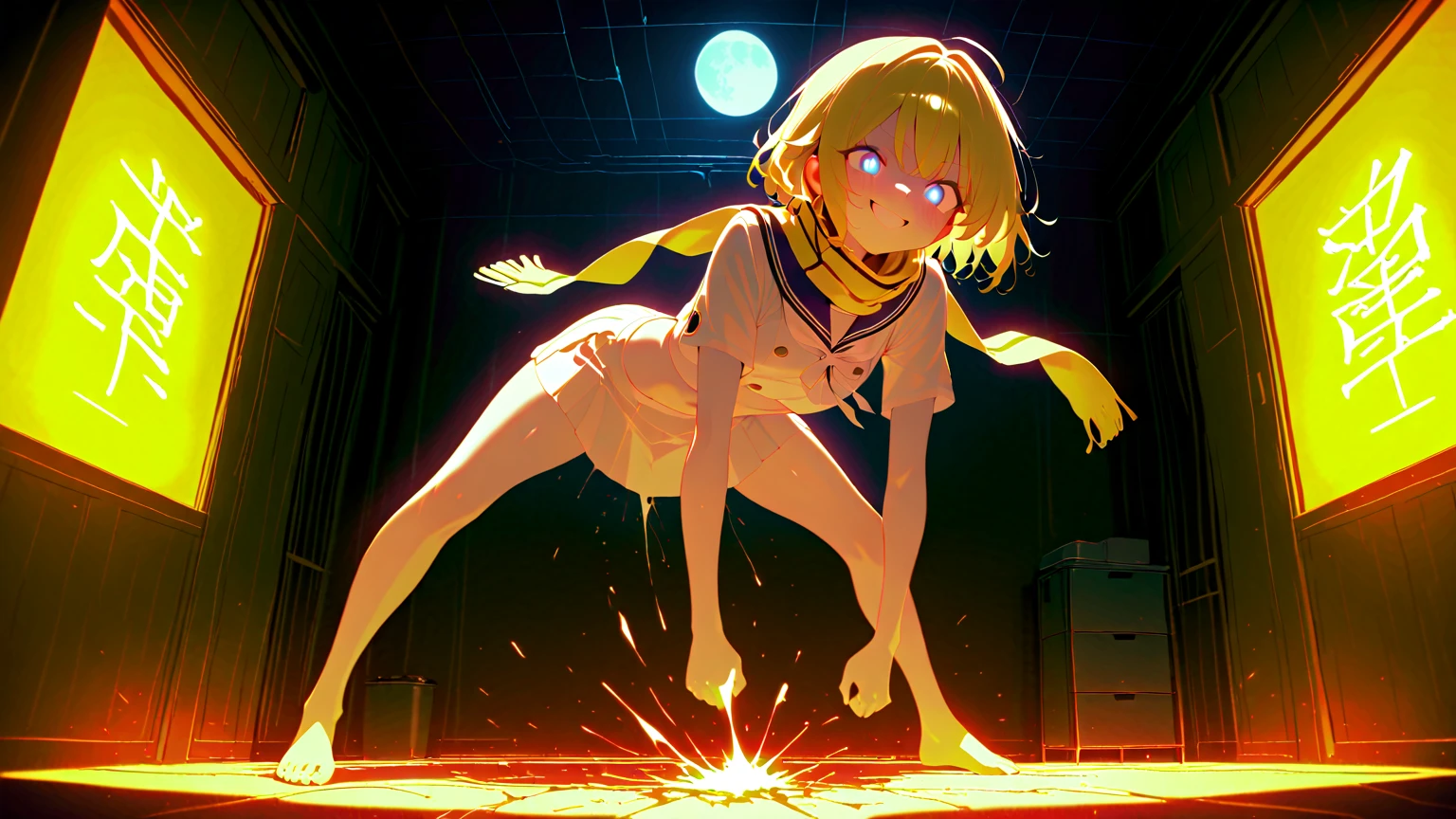 hoshino ruby, blonde hair, long hair, one side up, red eyes, mismatched pupils, star-shaped pupils, nsfw, large breasts, nipple, naked, nude, sea, Highway, flooded, running, Building FIRE, Heavy snowfall, Peeing, lactation, projectile lactation