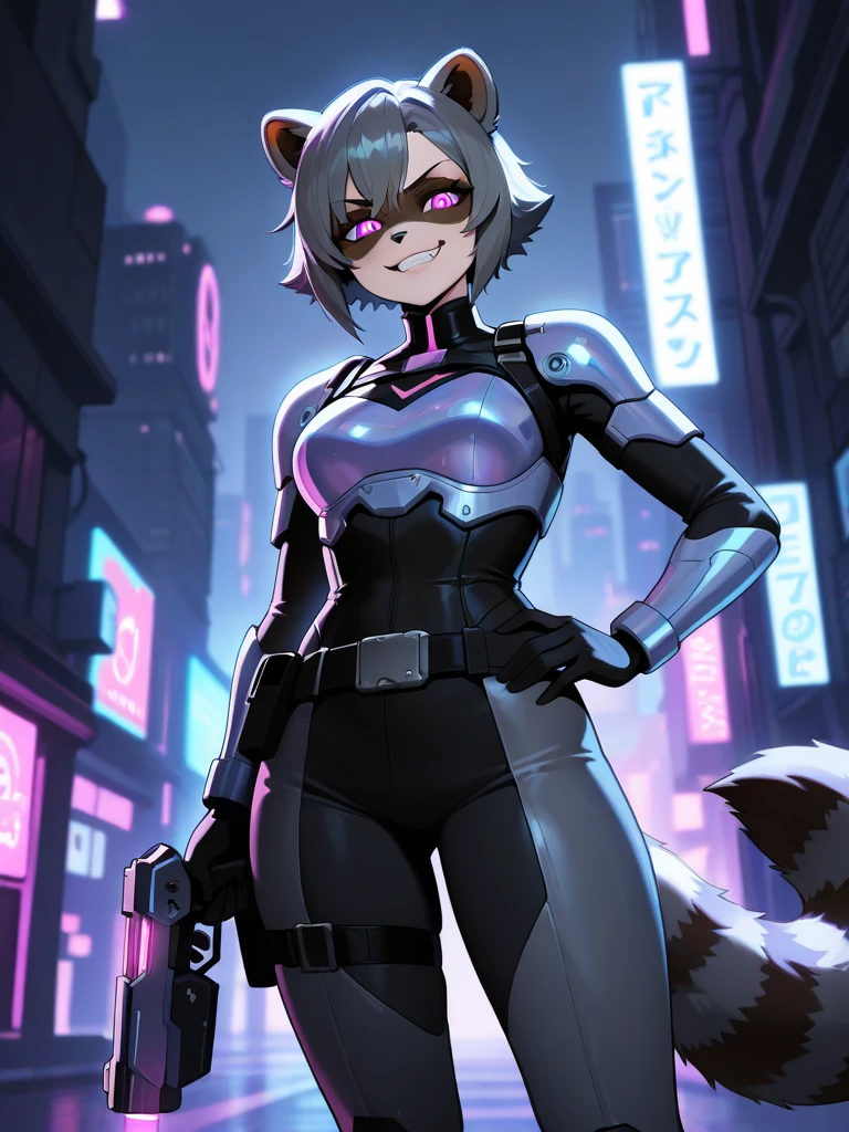((((sfw)))), masterpiece, top quality, best quality, highly detailed, 8k, super high resolution, absurdres, perfect anatomy, (((solo))), (((detailed face and eyes))), ((looking at the viewer, posing, open legs)), (adult), (((brown anthro rabbit, rabbit tail))), (((dark fur, brown fur))), purple eyes, ((short indigo hair)), (muscular, hourglass figure, large breasts, wide hips, toned legs), ((white leather sleeveless one-piece bodysuit, white stockings, belt, pouch)), ((serious expression, frown, glare)), ((cyberpunk, rooftop, city panorama, nighttime, cinematic lighting))