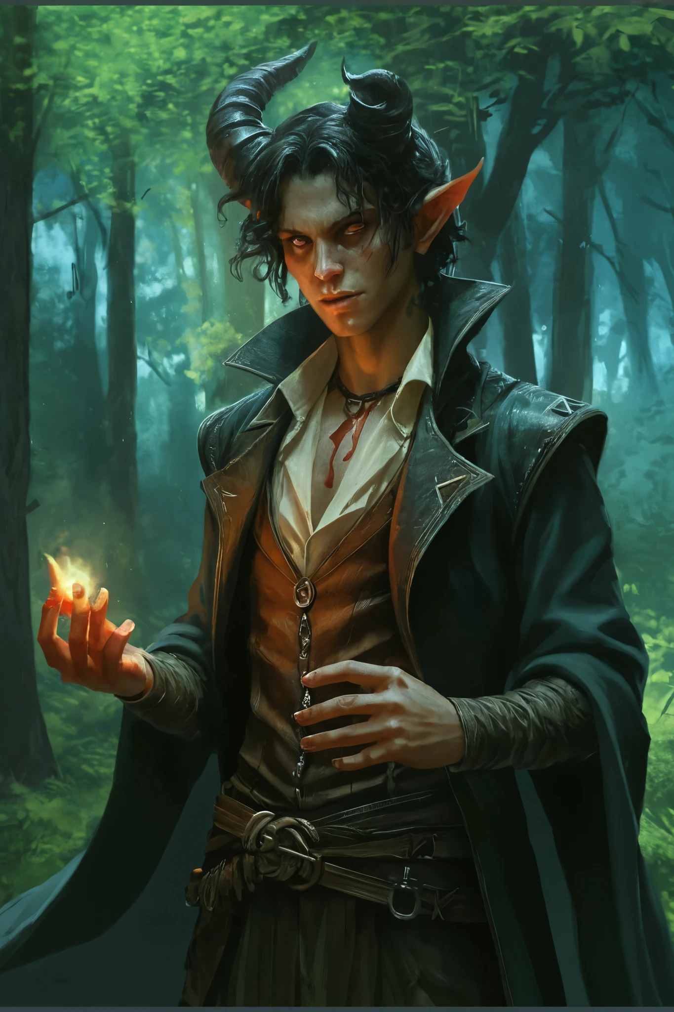 broken horn. A tiefling. Young guy . (1 horn broken). (injuries , blood on clothes ), (torn dirty clothes), forest in the background.