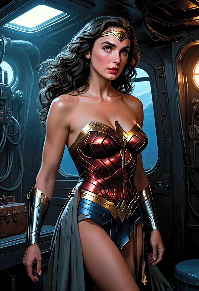 Wonder Woman (Gal Gadot) with her arms behind her head, (armpit, hairy armpit),detailed armpit