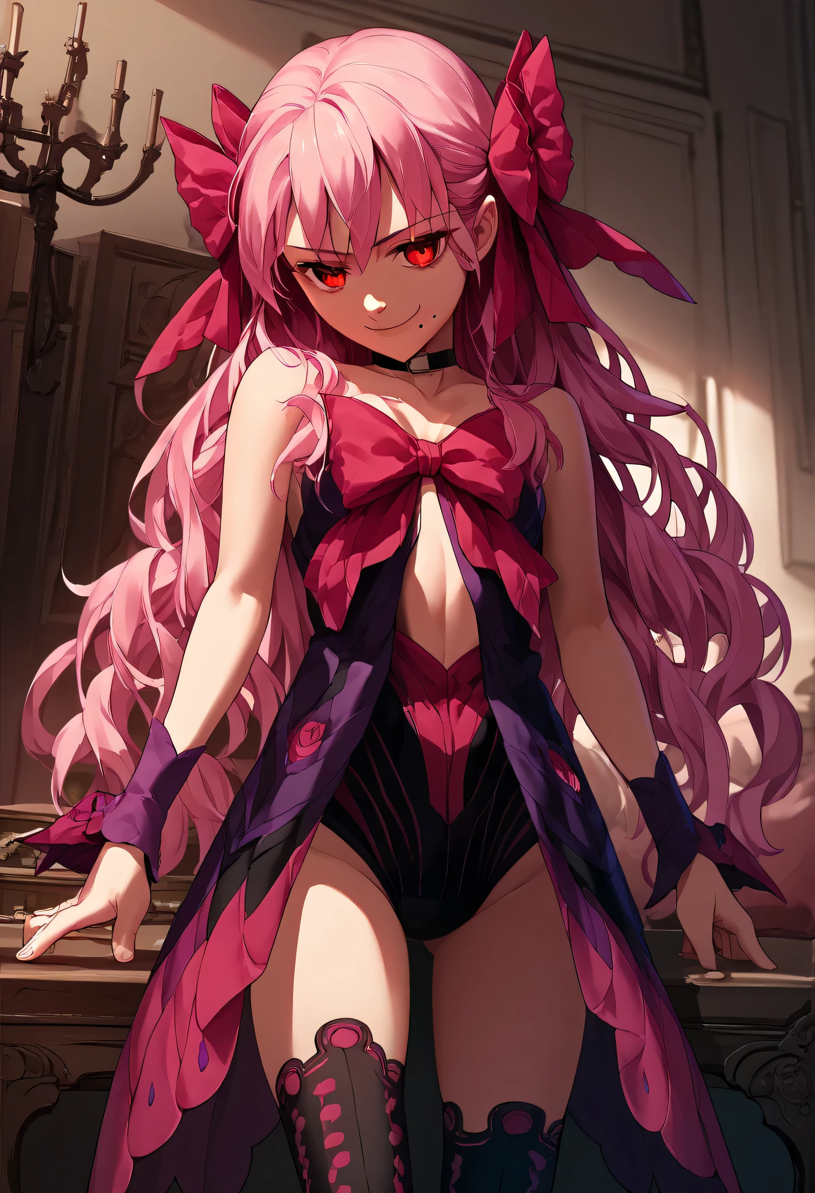 1girl, really long hair, pink hair, red eyes, mole under mouth, hair bow, choker, ribbon, leotard, center opening, bare shoulders, black thighhighs, wrist cuffs, laying, standing, cowboy shot, indoors, gothic, bedroom, score_9, score_8_up, score_7_up, score_6_up, score_5_up, score_4_up, BREAK source_anime, masterpiece,,very evil smirk,best quality,looking down at viewer