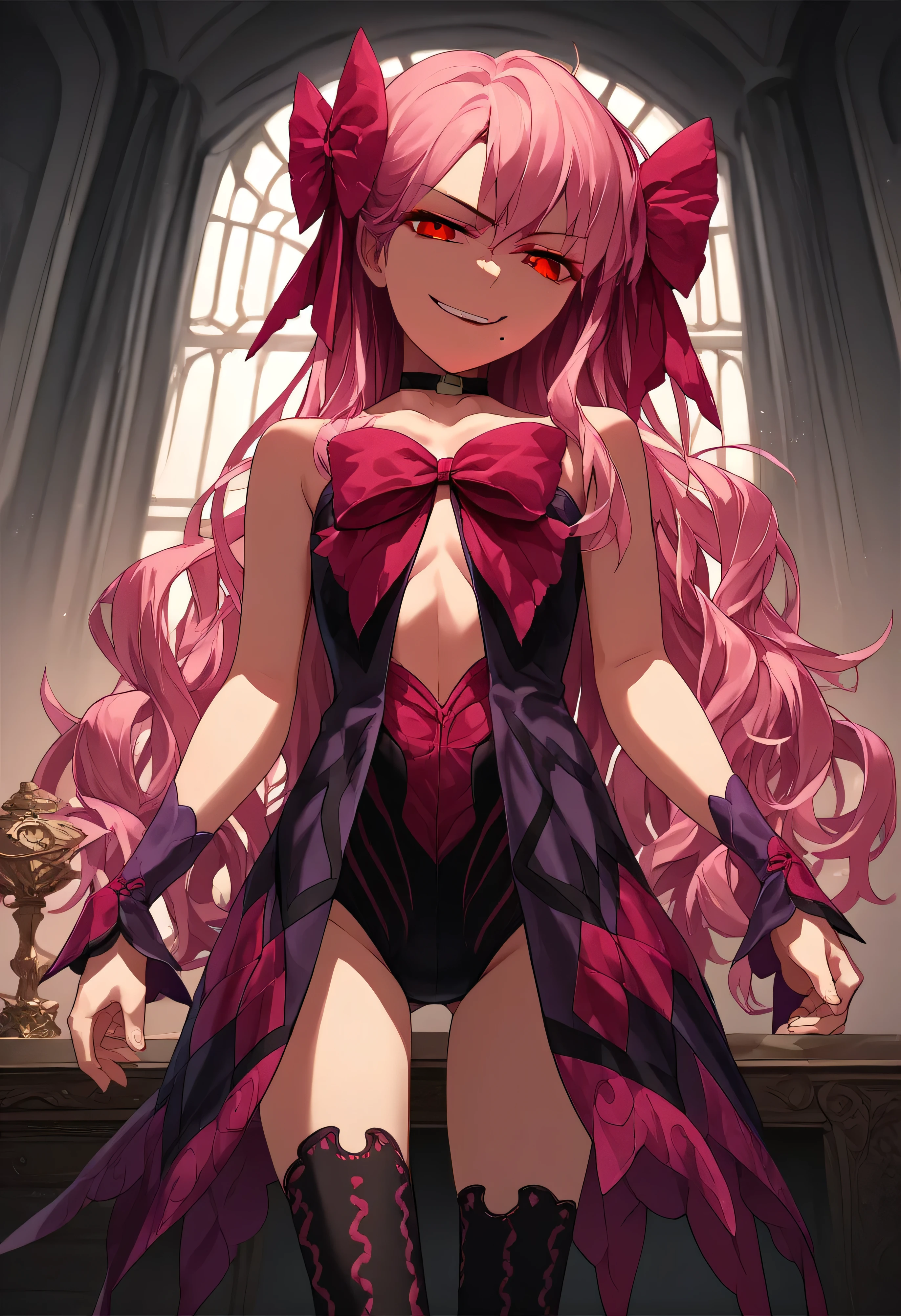 1girl, really long hair, pink hair, red eyes, mole under mouth, hair bow, choker, ribbon, leotard, center opening, bare shoulders, black thighhighs, wrist cuffs, laying, standing, cowboy shot, indoors, gothic, bedroom, score_9, score_8_up, score_7_up, score_6_up, score_5_up, score_4_up, BREAK source_anime, masterpiece,,very evil smirk,best quality,looking down at viewer