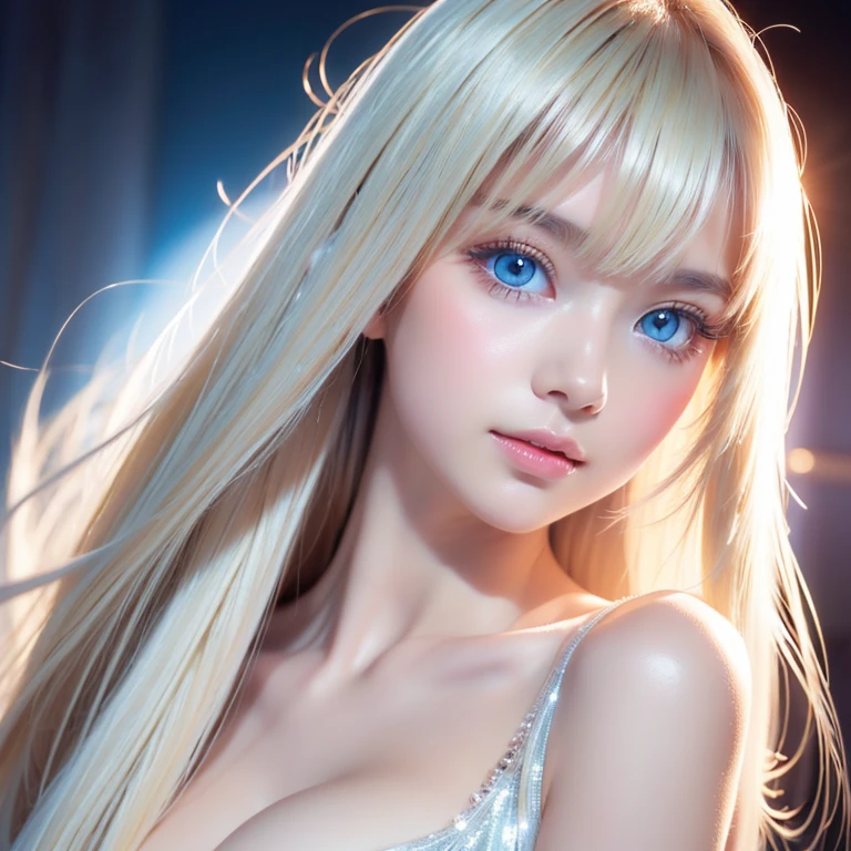 portrait, bright expression, ponytail, Young shiny shiny white shiny skin, Best shot, Blonde reflected light, Platinum blonde hair with dazzling highlights, shiny light hair, Super long silky straight hair, Beautiful bangs that shine, Glowing crystal clear attractive big blue eyes. Very beautiful nice cute 16 year old girl, Lush bust, smile,