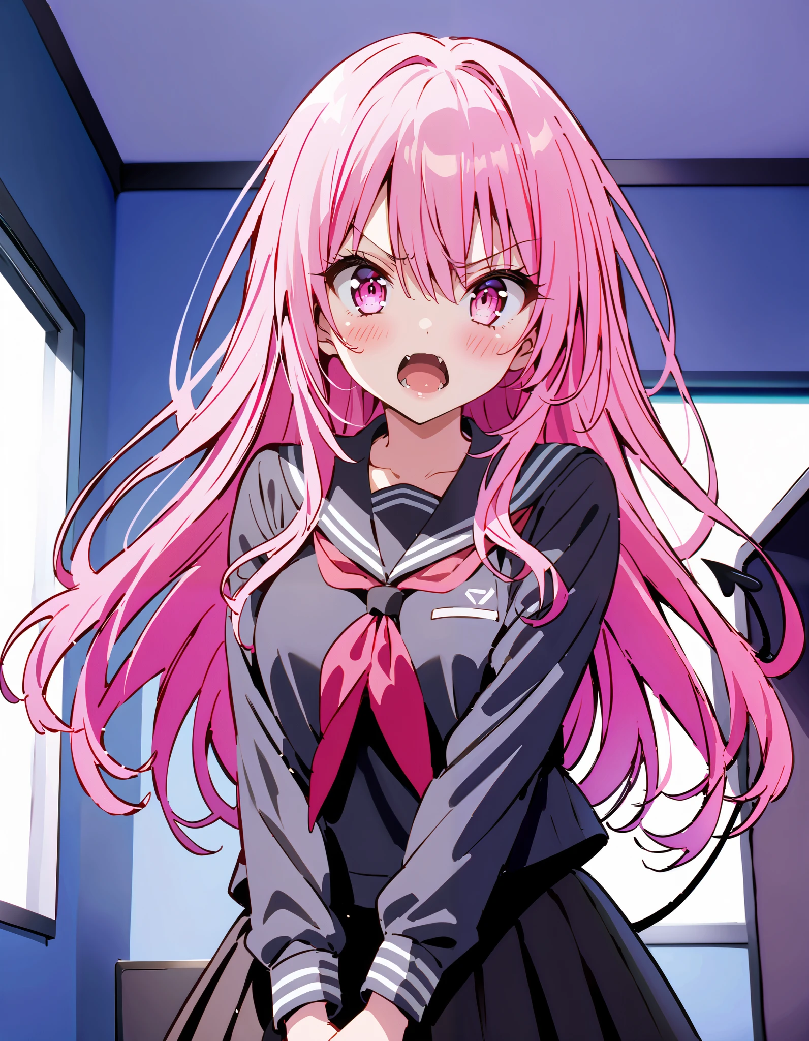  score_9,  score_8_ up the side,  score_7_ up the side,  source_Anime,
Nana Devil,  Nana Asta Deviluk,Solo fangs ,  long hair,  pink eye,  pink hair with a scar, demon tail ,  twin sisters, Embarrassing,blush,Angry, open their mouths,Black sailor suit, black mini pleated skirt ,Black socks,Brown loafers, Tight skirt tug,  style lifting hold the skirt with both hands,whole bodyがイラストに入るように,
break looking at viewer,whole body,
break indoors,  office,
break (masterpiece:1.2),  top quality,  high resolution,  unity 8k 壁紙 , (shape:0.8), ( attention to beautiful details :1.6),  Highly Detailed Face ,  perfect lighting,   highly detailed CG, ( perfect hand,  perfect anatomy),