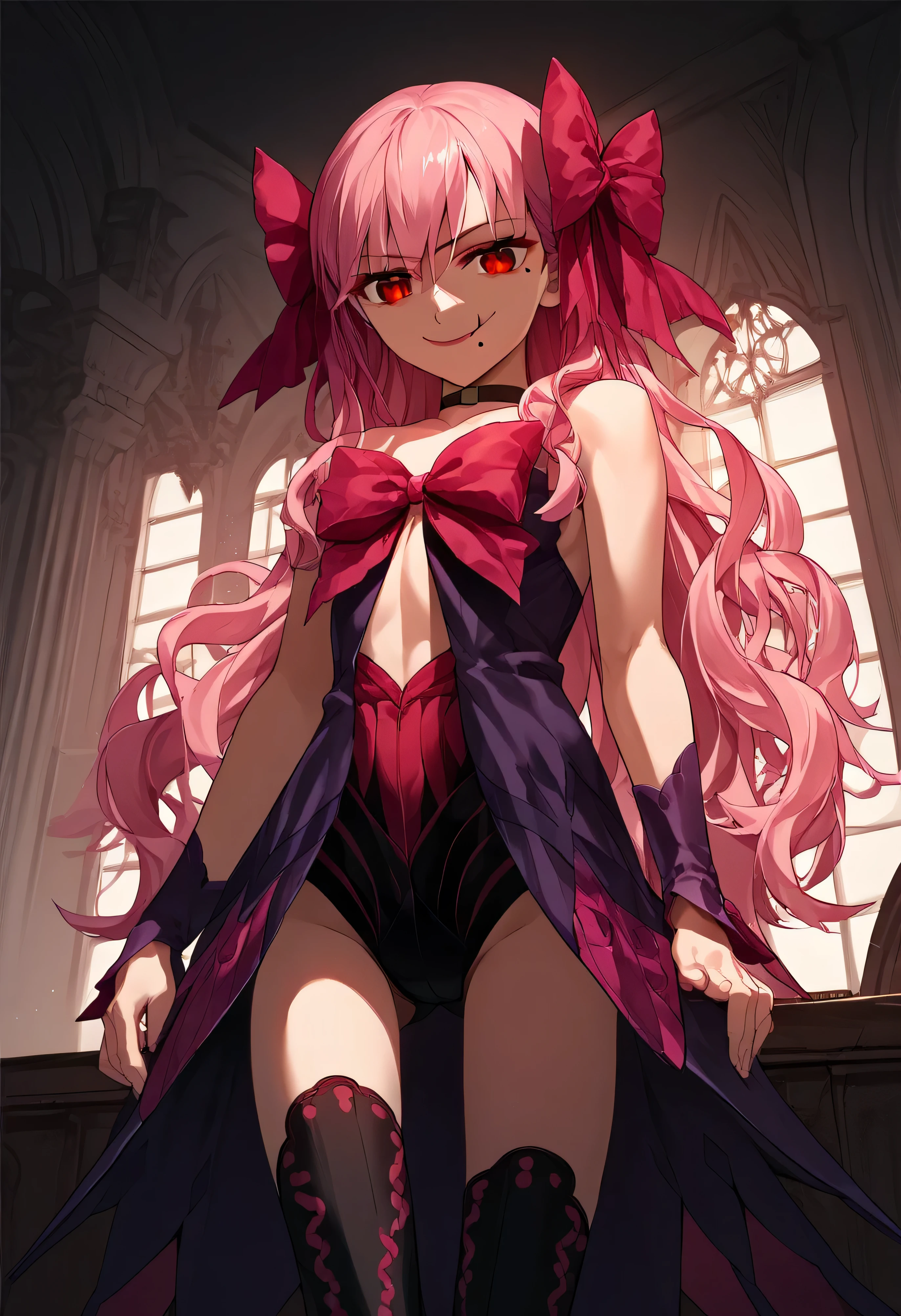 1girl, really long hair, pink hair, red eyes, mole under mouth, hair bow, choker, ribbon, leotard, center opening, bare shoulders, black thighhighs, wrist cuffs, laying, standing, cowboy shot, indoors, gothic, bedroom, score_9, score_8_up, score_7_up, score_6_up, score_5_up, score_4_up, BREAK source_anime, masterpiece,,very evil smirk,best quality,looking down at viewer