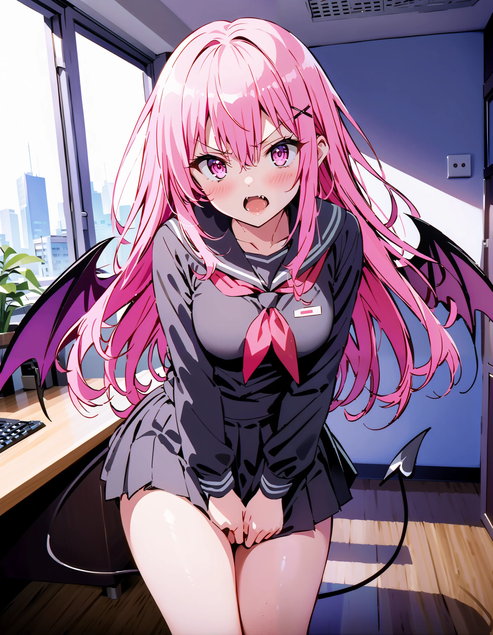 Digital illustration in a cinematic, stylized anime-inspired style featuring a highly detailed, anatomically correct female character with long, straight, light pink hair and red eyes. She has light skin and is depicted with red horns protruding from her head. The character is wearing a intricately designed white dress shirt, a black tie, and black shorts, with a blue jacket draped over her shoulders. The background is a swirling mix of prominent blue and gray tones, filled with detailed, swirling patterns and blue highlights that complement the character's intense appearance. Above the character, a stylized logo resembling an eye with text above it is placed in the upper central area. In the bottom left corner, the text 'Artvision1999' is written in a graffiti-like font. The character's expression is slightly aggressive, with her mouth open showing sharp teeth, with a focus on realistic facial anatomy. The overall composition is centered, with the character sitting on the ground, legs spread apart, with a dramatic lighting effect enhancing the cinematic atmosphere, rendered in high-resolution 4K