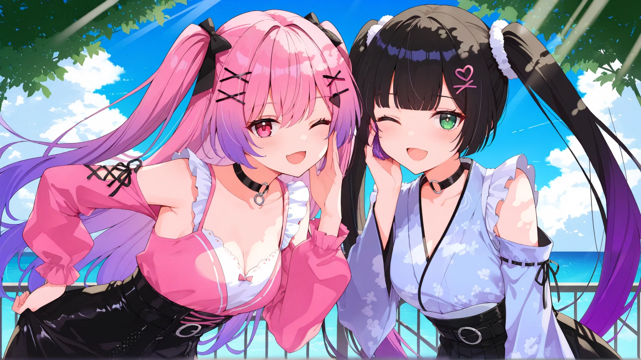  2girls,(Twin tails), black hair, purple hair, gradient hair, extra long hair ,hime haircut ,Leather Fang,jitome, green eye ,o-ring choker ,x hair ornament, heart shaped hair ornament
, BREAK pink frill blouse , black lifting skirt ,tape,black lace details , pink-black color scheme , cute Japanese fashion ,black belt , lointape with ring ,black choker
,BREAK cheek to cheek , style to blush, hearts, Hands , one eye closed , open mouth , smile
, BREAK Top quality :1.2, very detailed , masterpiece:1.2, very aesthetically pleasing , ultra high resolution,
, Cyberspace BREAK , Virtual Cities , sunlight , blue sky,Rays of light,Shine,dappled  sunlight 