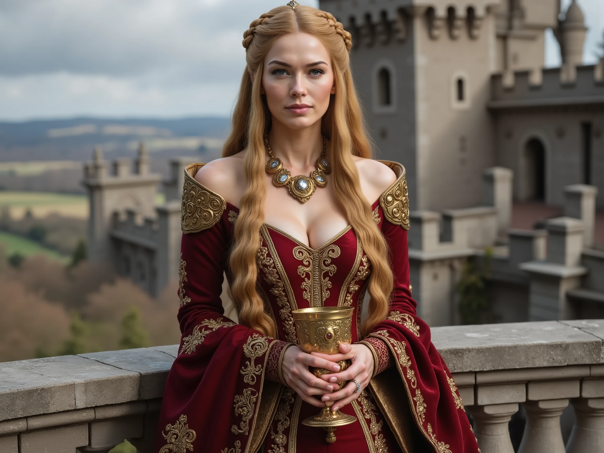 Game of Thrones、 Cersei Lannister stands on the castle balcony and holds a precious golden goblet of wine、 hot and gorgeous female、1 female、 cascading golden hair, sharp green eyes, and high cheekbones that exude regal confidence. She wears a floor-length crimson gown embroidered with gold lions, a fitted bodice adorned with delicate golden filigree, and a heavy necklace studded with rubies., big breast、 alluring 、shows her female character's full figure, athletic body, perfect face, full body, extremely beautiful, goddess, female shape, perfect anatomy, The Lannister castle balcony is a wide stone terrace with golden lion carvings on the parapet, overlooking golden fields, vineyards, and the distant sea. Crimson banners flutter in the breeze, and lanterns cast a warm glow at night., photorealistic, masterpiece, realistic, high contrast, 8k, HD, high definition detailed, detailed, hyper detailed, realistic skin texture, best quality, ultra high resolution, Nikon D850 film Stock Photography, Kodak Portra 400 F1.6 camera, rich lens colors, hyper realistic, no text, very detailed eyes, huge breasts: 1.3, cinematic