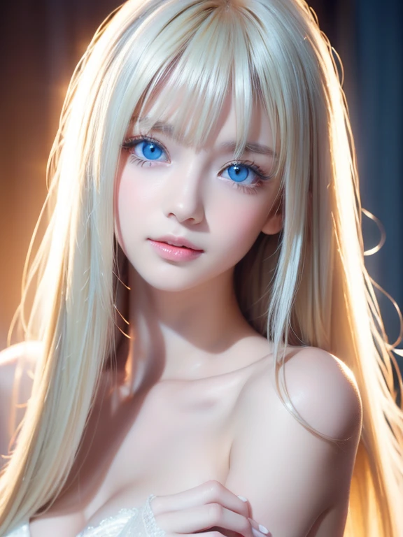 full length portrait、nudist girl、bright look、ponytail、Beautiful messy bangs、bangs between the eyes、bangs on the face、young, brilliant, white, glossy leather、Rough face、Shine for cheeks、best beauty、Blonde reflection、Platinum blonde hair with dazzling highlights、brilliant bright hair,、Super long silky straight hair、Shining beautiful bangs、attractive, shines beautifully, Very bright, light blue eyes、Very big eyes、Very beautiful sweet sweet 24 year old beautiful nudist girl、rich bust、beauty of a small face、