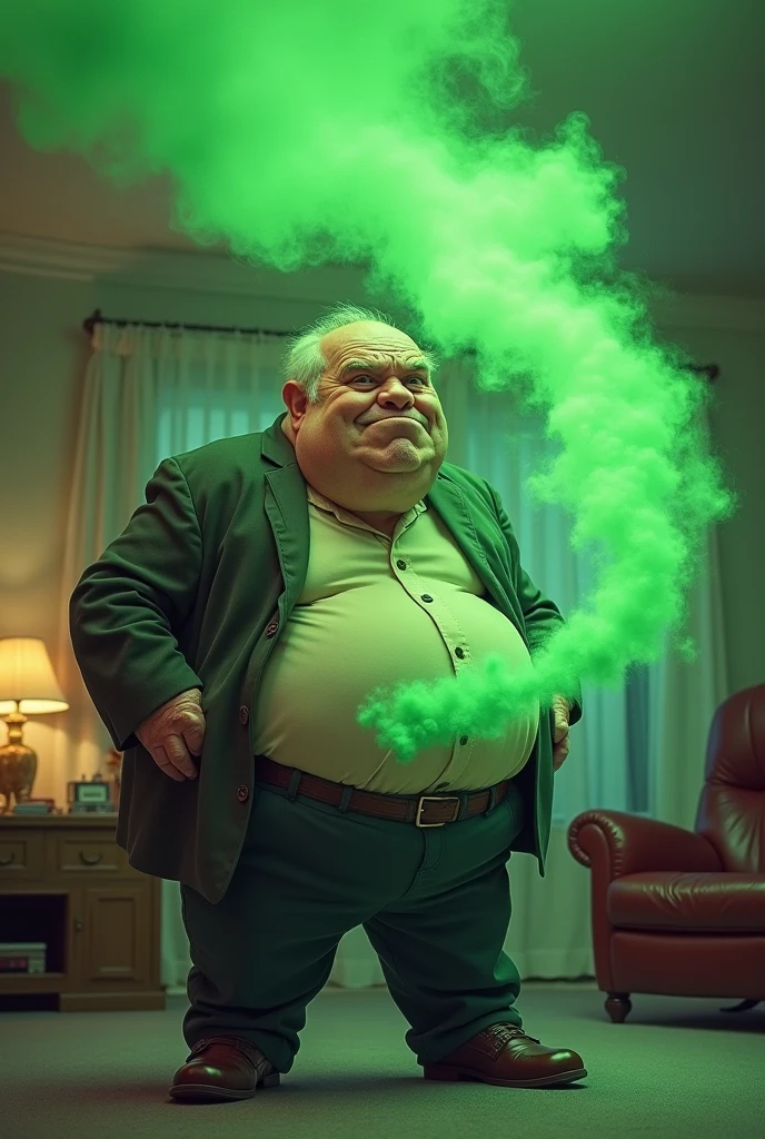Obese man brushing his teeth with green radioactive powder