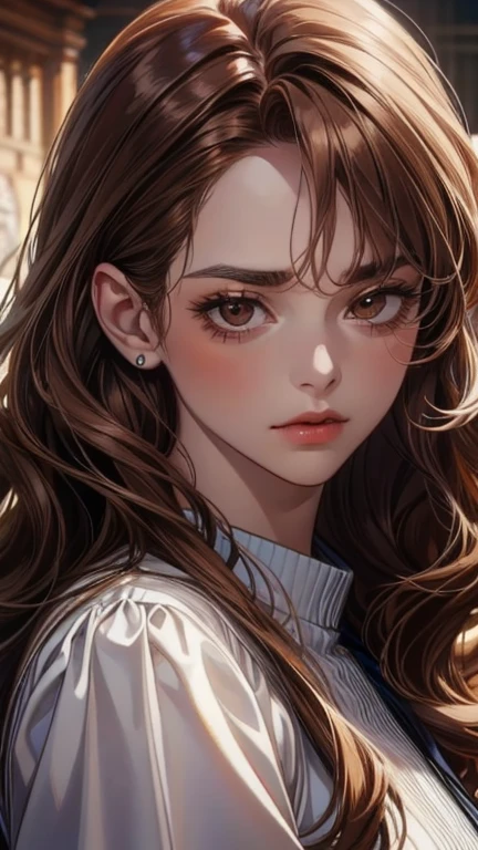 Girl, long soft brown hair, gray eyes, sharp features, white skin, pink lips, soft and delicate, sweater