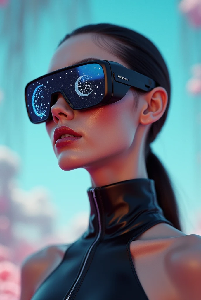 The model is wearing glass sunglasses with stars and the moon on the glass