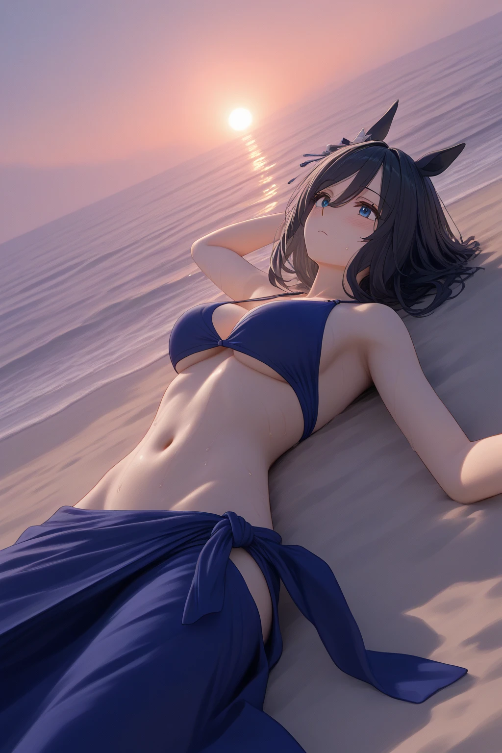zweibelle, <lora:zweibelle-10:1>,Woman sunbathing on the beach