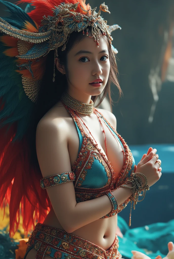 full body view, topless, , oil painting style, spaceship interior, beautiful busty nude Mongolian woman, tattoo, ruby jewelry, black feather headdress, detailed face, detailed eyes, detailed lips, extremely detailed, intricate details, cinematic lighting, dramatic shadows, vivid colors, photorealistic, 8k, high quality, masterpiece, digital art