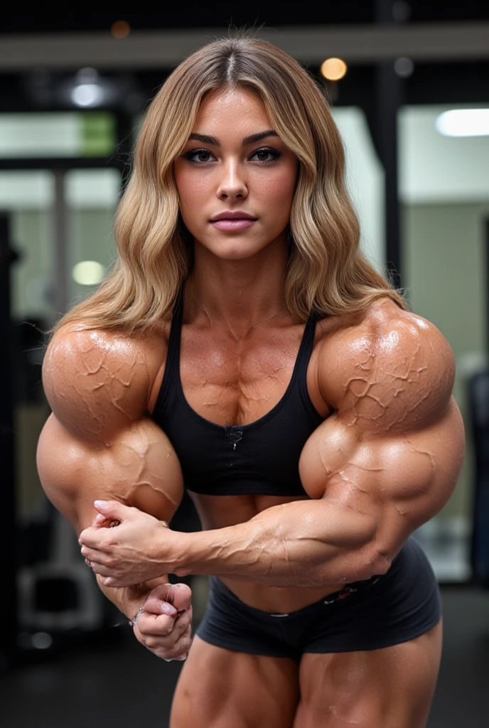 (Muscular woman in black latex catsuit with huge muscles :1.25),  (Full body latex suit:1.25), (Smooth and shiny black skin 1.25), (Swollen vein:1.5), (vein:1.5), (full body pose:1.5), white skin, gray hair, (perfect anatomy:1.5), (super muscular professional bodybuilder:1.5), (huge muscular arms:1.5), perfect model face, beautiful nice smile, (super muscular physique:1.5), (Muscular female bodybuilder:1.5), (huge muscular arms:1.5), (big biceps:1.75), big forearm, (((tight waist))), Vein is everywhere, thin thighs, (thin legs), (My upper body has grown bigger:1.5), (small pectoral muscle), muscular chest, thin waist, (perfect fingers:1.2), (full body pose), (UHD 8K:1.5), women only, realistic image, high detail, photo quality, beautiful girl, highest quality, Super detailed, masterpiece, finely, realistic skin texture, 85mm Art Lens, F1.2, sharp focus, 8K high resolution, very detailed, Complex,