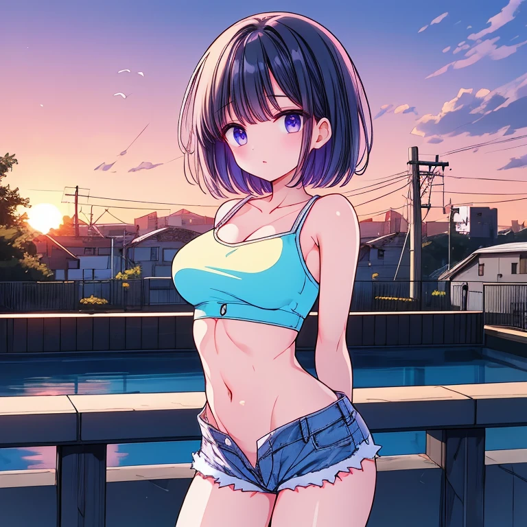 fountain_アニメ, hinatahyuuga Hinata Hyuuga Byakugan, indecent face, short black hair, bangss, thick-thighs, turned legs, big boobies, tanned skin with bikini lines, cowboy shot, blusa de frio cropped, denim shorts, walking in street, favela city on the river, dutch angle, cowboy shot