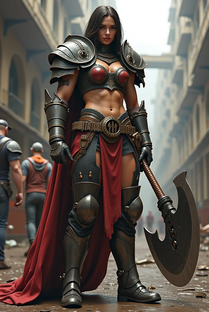 tall, curvy, big breasts, femdom, slaughter, war, killer, kill a man, holds and lifts breasts, shot from below, smile, swords with blood, be spattered by blood, bloody body, having a severed head of devil by long sword