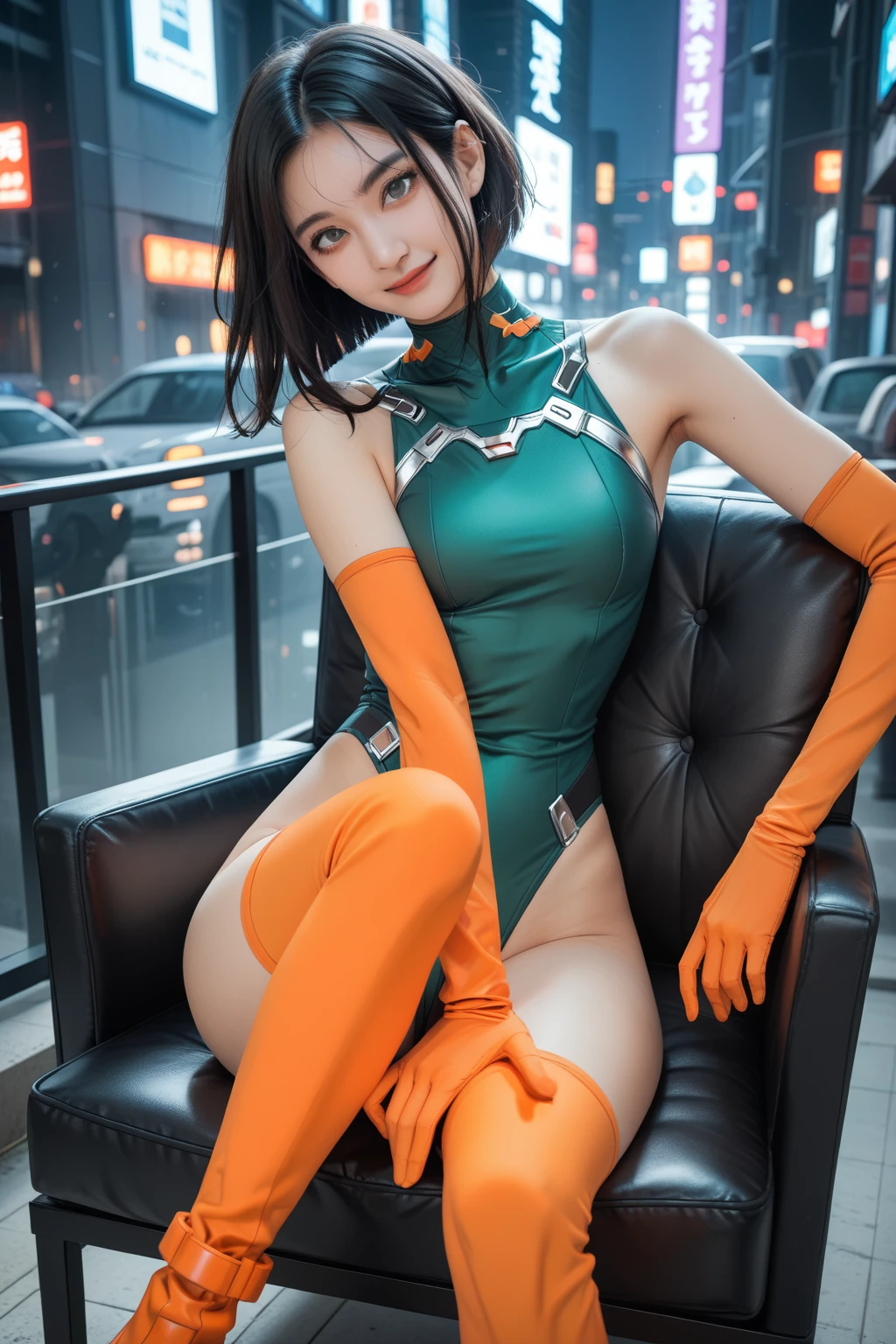 (extremely detailed CG), (best quality), 1girl,solo perfect face, shiny skin, lustrous skin, wide hips, narrow waist, kamen rider zero-two, ZeroTwo, rider belt, green armor, bodysuit, green armor,gloves, black bodysuit, red gloves HeroineIzu ,,aqua eyes, green hair,multicolored hair,humagear_headphones,black hair, bangs, short hair, ,indoors,own hands together, smile,
