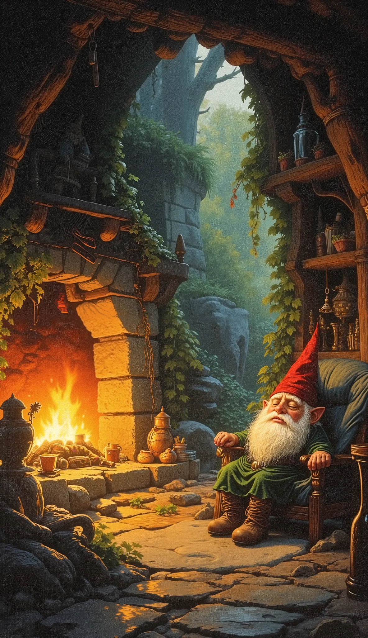 a gnome with a pointy red hat, green clothes and brown boots, sleeping in his chair inside his cozy hut in front of his warm fireplace
