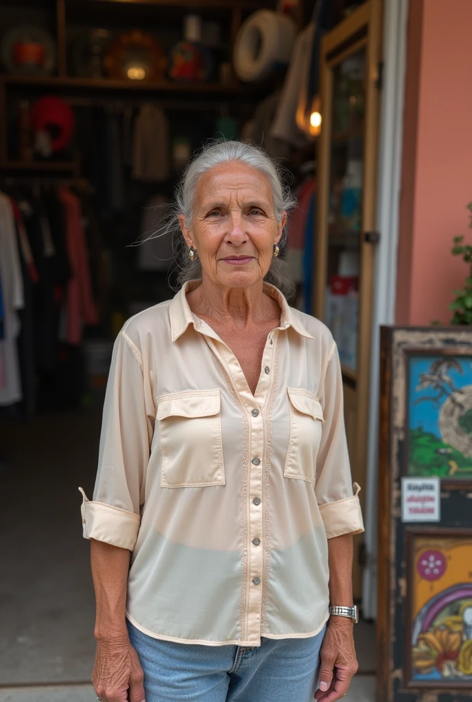 full frontal body view, ultrarealistic xtr fujifilm canon professional photo image of a mature wrinckled argentinian woman, 57 years old, thin, italian style, blond, hair with braids in half the hair , huge and sharp nose, long straight hair, parted on the side, thin, very generous neckline,drop shaped breasts, wearing a button down shirt with an opening that shows her belly and a blue denim skirt that covers her ankles and beautiful italian high heel shoes, talking on her cell phone, walking along the street road,the entire leg exposed from the pelvis to the feet, all leg must be exposed on the image, cinematic, 100k, ar3:2, slr camera, realistic face, realistic wrinkles, realistic skin tone, realistic hair mesh, realistic wrinkles, the woman must look like a mature 57 years old woman with wrinkles