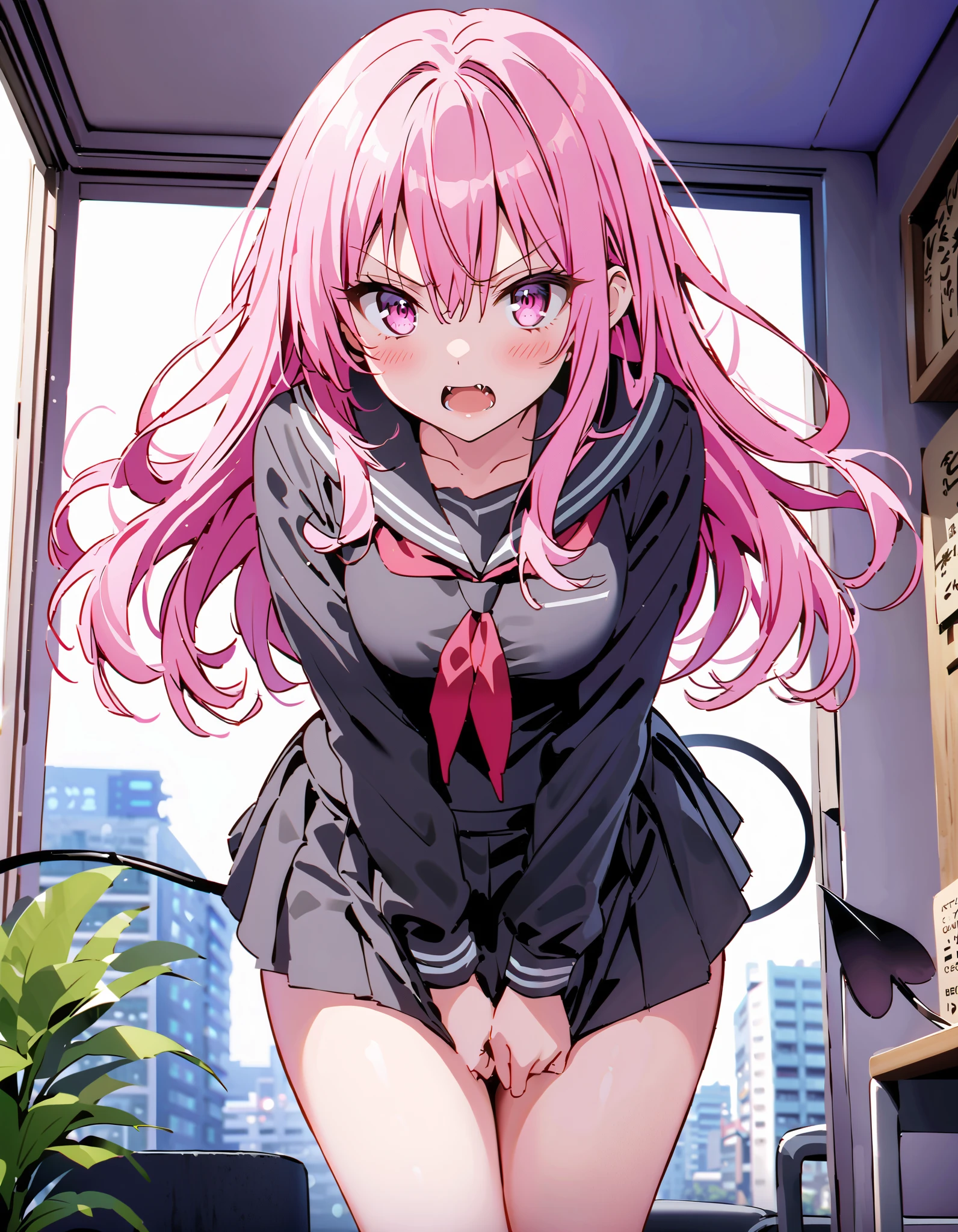  score_9,  score_8_ up the side,  score_7_ up the side,  source_Anime,
Nana Devil,  Nana Asta Deviluk,Solo fangs ,  long hair,  pink eye,  pink hair with a scar, demon tail ,  twin sisters, Embarrassing,blush,Angry, open their mouths,Black sailor suit, black mini pleated skirt ,Black socks,Brown loafers, Tight skirt tug,  style lifting hold the skirt with both hands,whole bodyがイラストに入るように,
break looking at viewer,whole body,
break indoors,  office,
break (masterpiece:1.2),  top quality,  high resolution,  unity 8k 壁紙 , (shape:0.8), ( attention to beautiful details :1.6),  Highly Detailed Face ,  perfect lighting,   highly detailed CG, ( perfect hand,  perfect anatomy),
