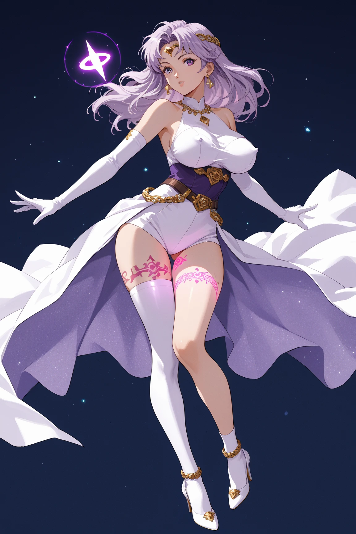 (only one girl, 1girl, one girl, full body, white hair, in blue swimsuit, tight clothes, blue alluring eyes, thick thighs, very thin waist, slim hips, open legs, cameltoe, big cameltoe, big pussy), ((anime-style artwork),colorful shades, Hyper detailed, highly detailed face, 4k face, clean, vibrant colors, extremely detailed with rich colors), (mature girl), (she is at a green valley, with a river, with fireflies, with butterflies), (the sky is clouded, with pink and purple clouds, a giant moon), ((depth of field)), (masterpiece:1.2, best quality), (extremely detailed CG, ultra-detailed, best shadow:1.1), ((1 anime cute girl)), ((solo))