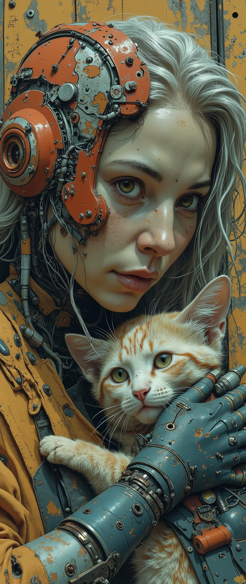 8k, a masterpiece, the highest quality. Artificial Intelligence Platform: Create a realistic picture ((of a beautiful 60-year-old elderly cyborg woman)) lovingly holding (an orange fluffy old cat). The cat looks at the woman devotedly. A humanoid woman. A dark blue robotic exoskeleton, complex mechanical parts, a red metal helmet, all parts and the body are covered with rust and corrosion, the paint has peeled off in places. loose gray hair, thoughtful kind expression, wrinkles, chapped lips. The light falls from the side and from behind. Shooting slightly from above. Futuristic technology, anatomical diagrams, French annotations, brass scratched old wall with rivets background., hyper realistic.