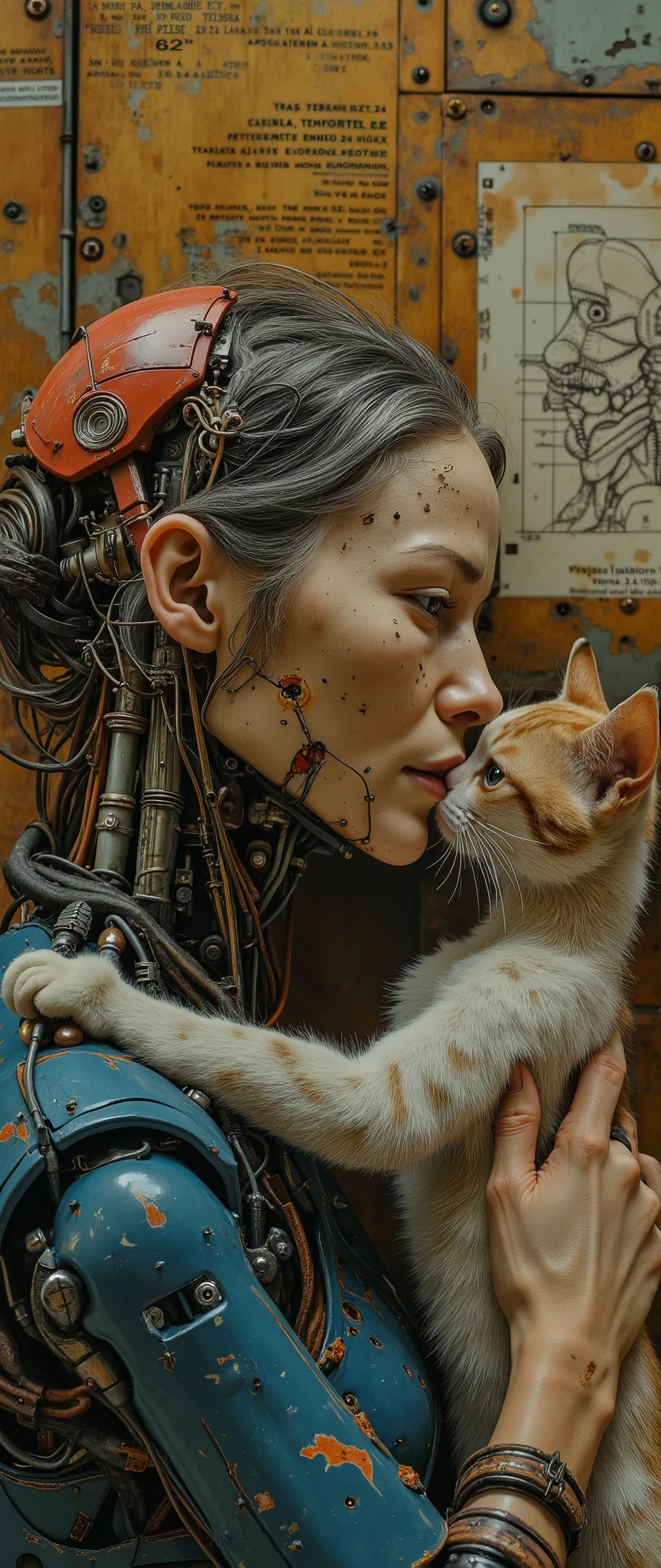8k, a masterpiece, the highest quality. Artificial Intelligence Platform: Create a realistic picture ((of a beautiful 60-year-old elderly cyborg woman)) lovingly holding (an orange fluffy old cat). The cat looks at the woman devotedly. A humanoid woman. A dark blue robotic exoskeleton, complex mechanical parts, a red metal helmet, all parts and the body are covered with rust and corrosion, the paint has peeled off in places. loose gray hair, thoughtful kind expression, wrinkles, chapped lips. The light falls from the side and from behind. Shooting slightly from above. Futuristic technology, anatomical diagrams, French annotations, brass scratched old wall with rivets background., hyper realistic.