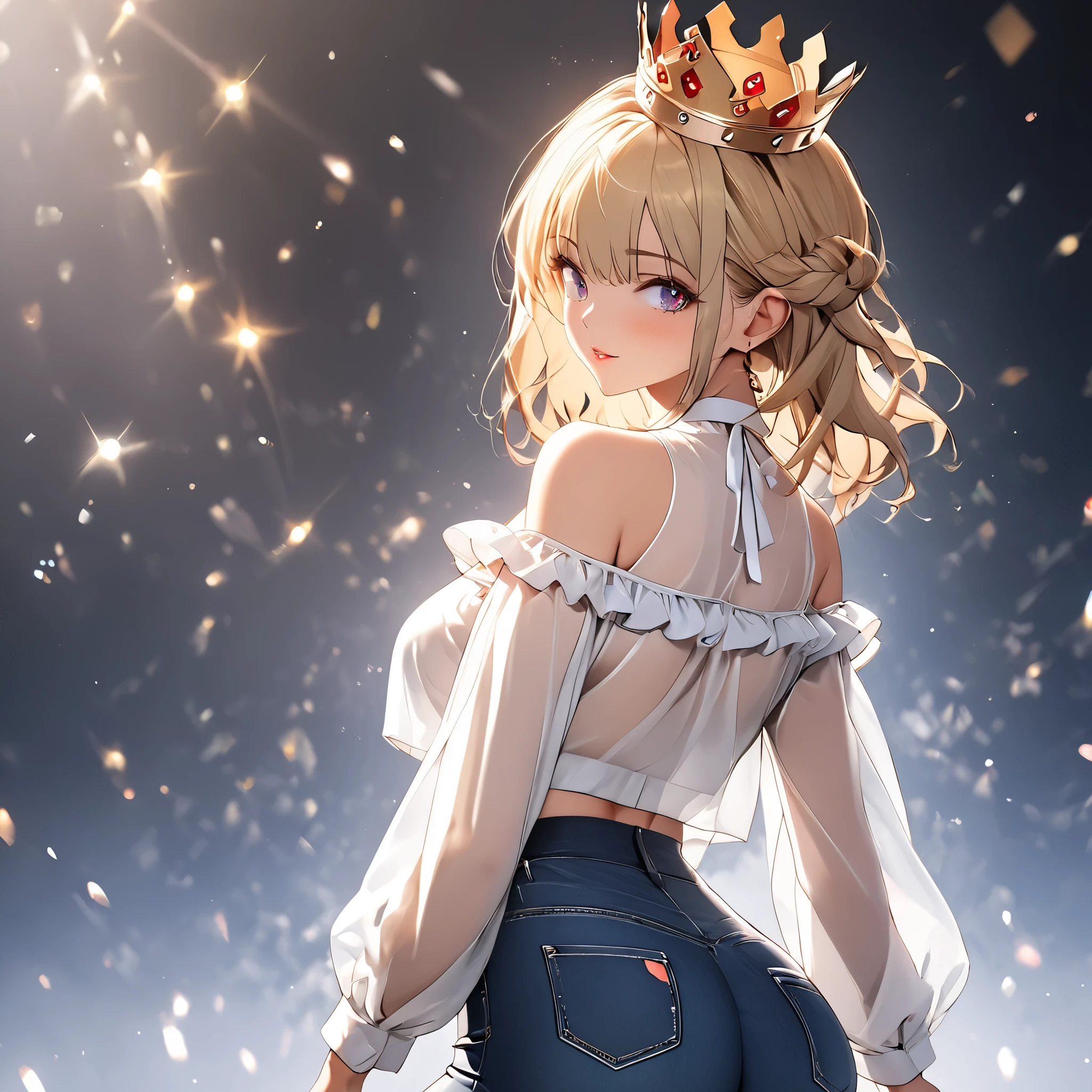 (beautiful girl:1.3),1girl,masterpiece,Highest quality,Ultra-high resolution,rich contrast,super high quality,8k,Highly detailed CG unit wallpaper,texture,Incredibly absurd,Ultra-high resolution,Highest quality anime,professional photograph,an extremely delicate and beautiful,RAW Photos,Depth of Field 1.2,ultra-detailed eyes,Glitter Effect,Beautiful glossy lips, 25years old, gorgeous legs, noise perfect, gorgeous ass, from behind, background random, ( Looking Back), gorgeous ass, dynamic pose, skinny jeans, (translucent white blouse), long sleeves, low back, no bra, sensual woman, seductive woman, mature woman, Milf, maternal, shy look, full body, 1girl, long blonde hair, hair over one eye, hud_crst_prncss_drss, bare shoulders, off shoulder, frills, crown, 