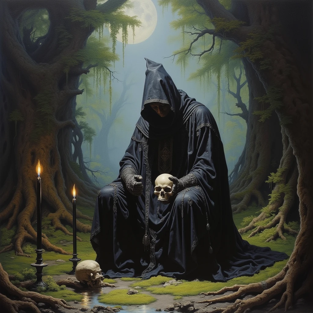 Create an image of a man standing near a large window, his eyes fixed on the crows perched around it. The man exudes a sense of calm, with long black hair tied neatly and a flowing white outfit that contrasts sharply with the somber atmosphere. His face is etched with lines of age, yet his gaze remains sharp and full of wisdom. In one hand, he holds a skull, its hollow eyes reflecting the light from the window.

The room around him is dimly lit, with the window providing the main source of light, casting a soft glow on his features and illuminating the skull's contours. Outside, the sky is overcast, adding to the somber and reflective atmosphere. The crows, dark and ominous, sit silently, their presence enhancing the mystical and contemplative mood of the scene.

This image captures a moment of quiet introspection and connection with both the natural and supernatural worlds, highlighting the man's serene yet powerful presence in a dark medieval fantasy setting.