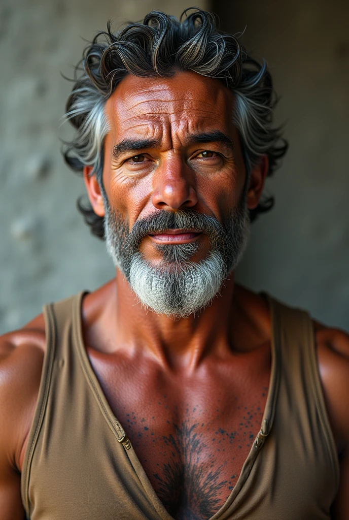 a bodybuilder latino man in his 50s, shirtless, low-tied long hair, hairy chest, smirk, bearded, wearing jeans