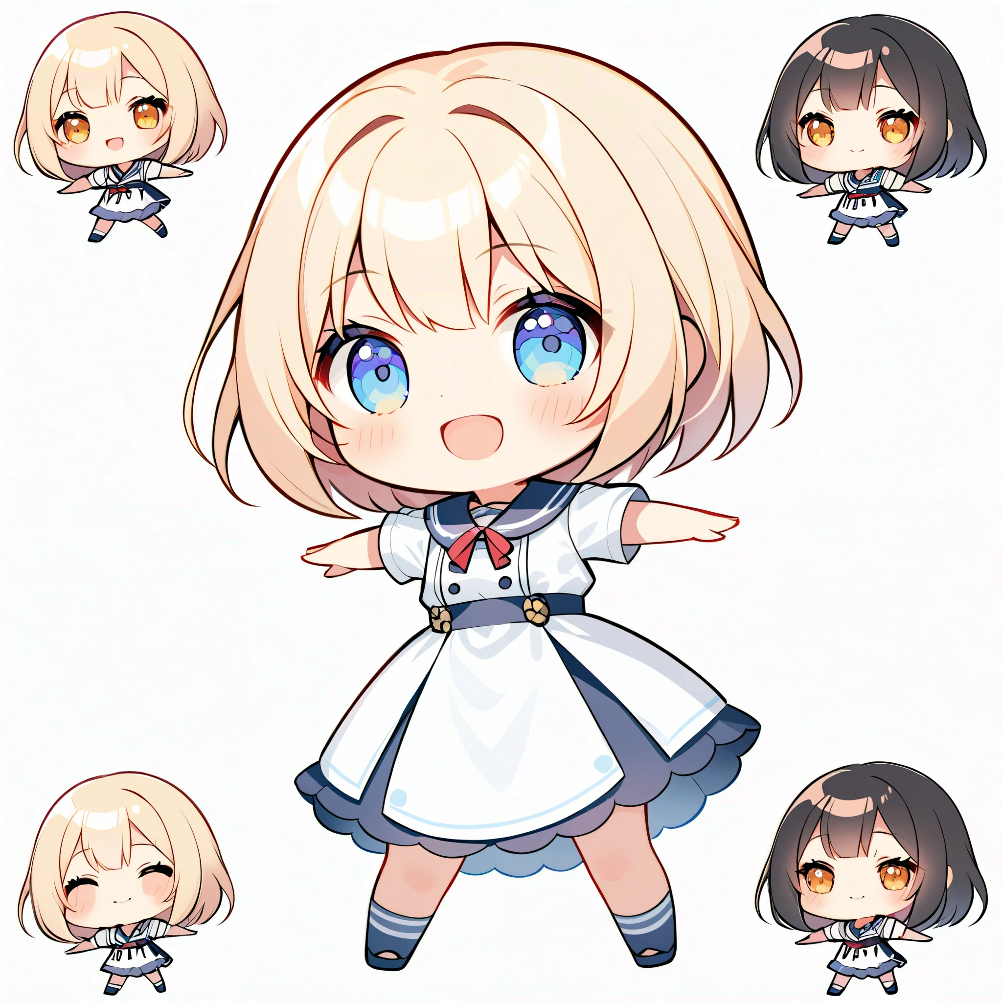 woman, short hair, cute outfit, chibi, t-pose, white background, full body,