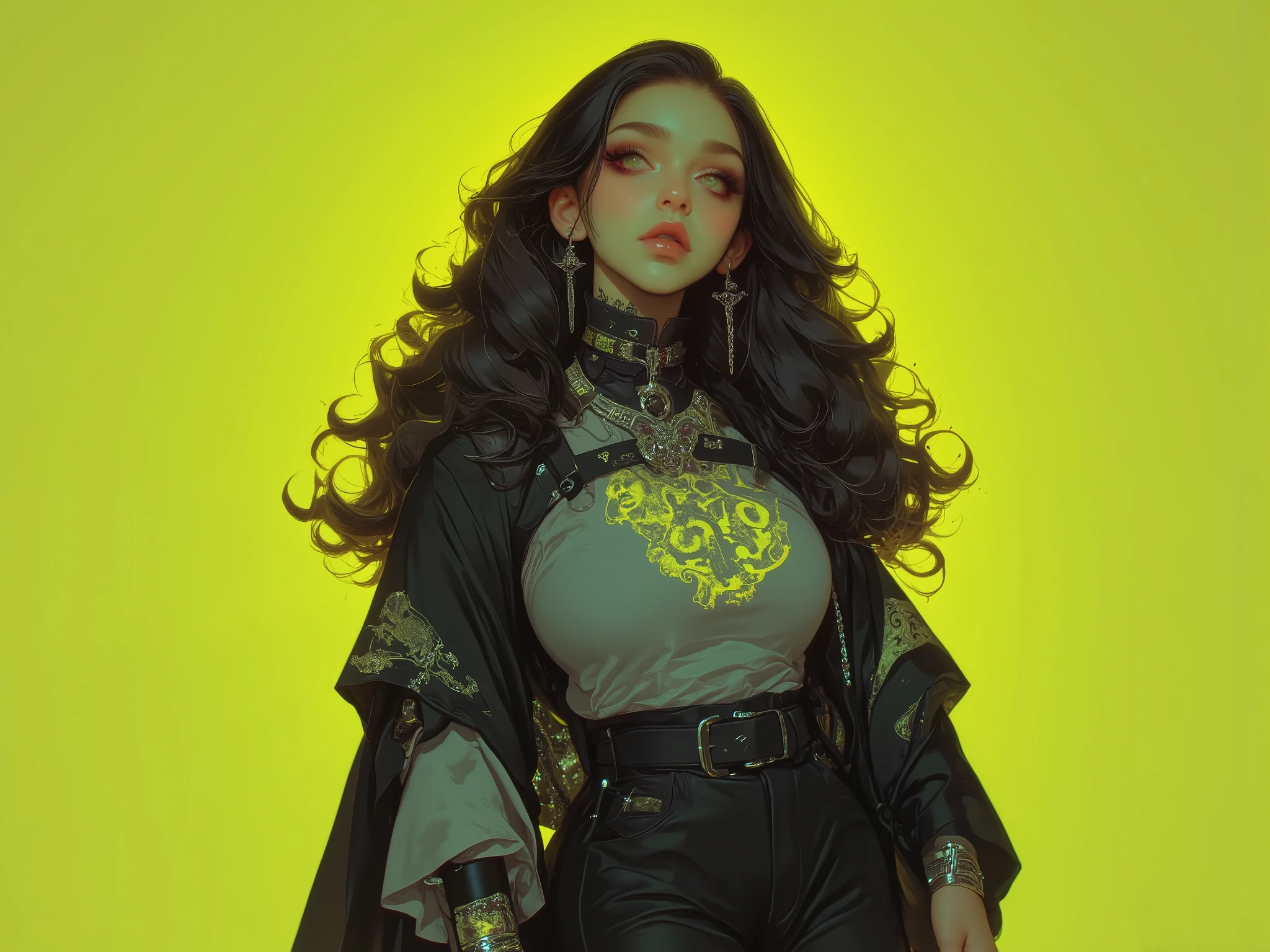 Woman black hair, wavy hair, long curly hair, brown eyes, arched eyebrows, thick lips, golden skin, slim body, clothes with rocker touches, gray top, clothes with black details, silver necklace, silver earrings, silver bracelets, wears wide pants, crunge style, latina, crunge, best quality, 1girl,g0thicPXL, glowing, neon yellow, pose dinámica, pose de cuerpo completo, mujer recostada, composición, calidad asombrosa,muy estético,absurdres,más nuevo,imagen impactante, arte oficial,perspectiva cinematográfica