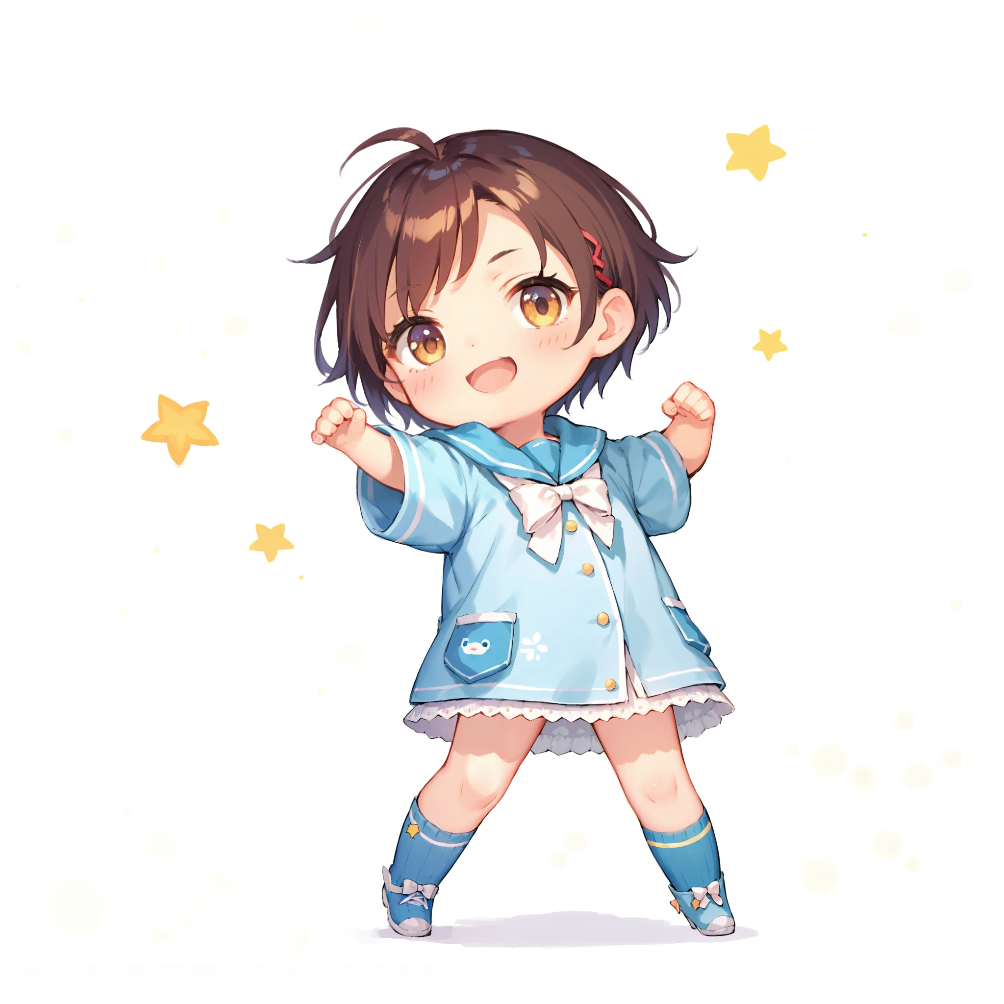 woman, short hair, cute outfit, chibi, t-pose, white background, full body,