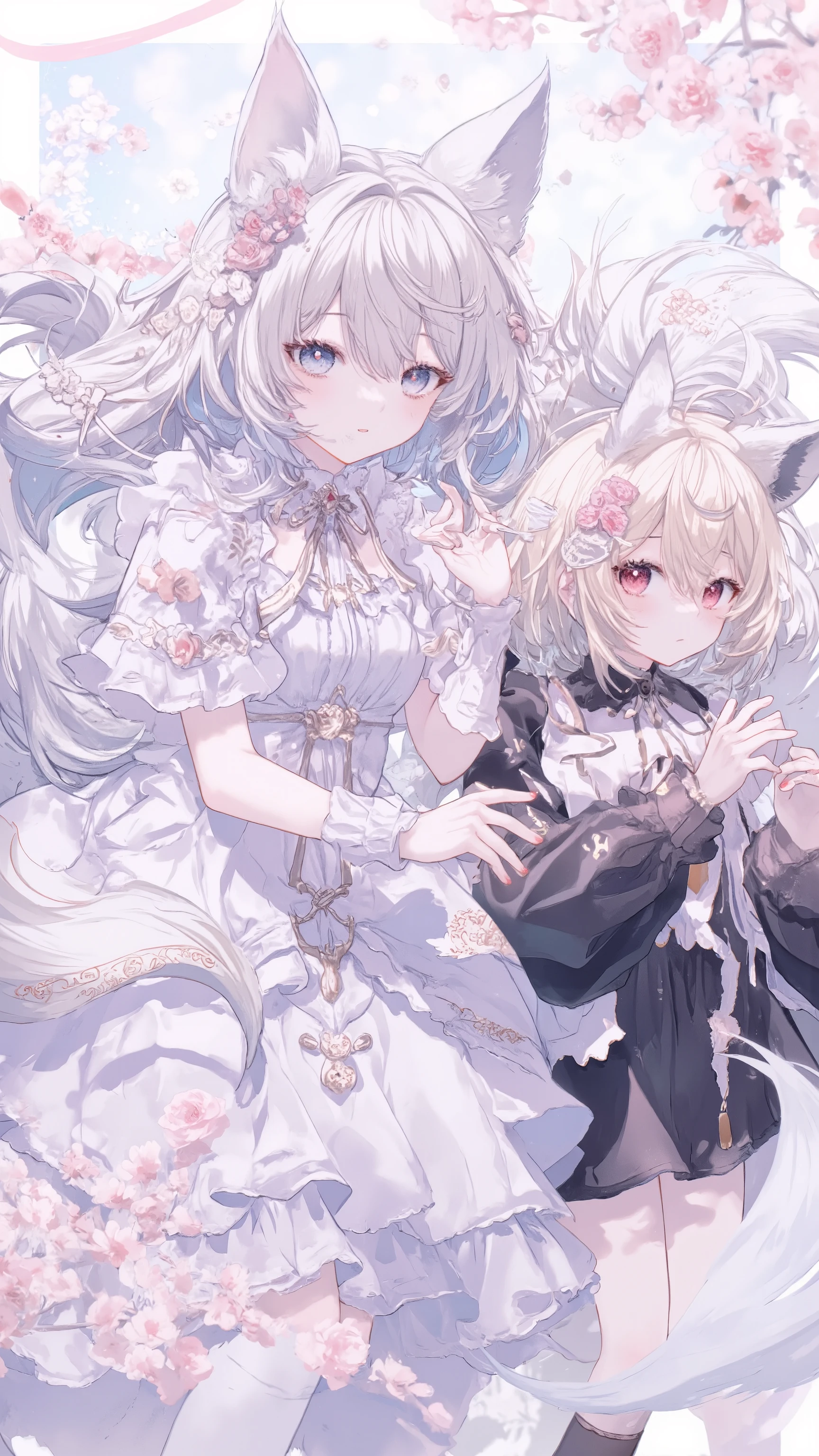 girl(long silver hair, blue eyes, fox ears, fox tail, white dress, lots of frills, white high socks) girl(blonde semi-short hair red eyes fox ears fox tail black dress with lots of frills black high socks) best image quality