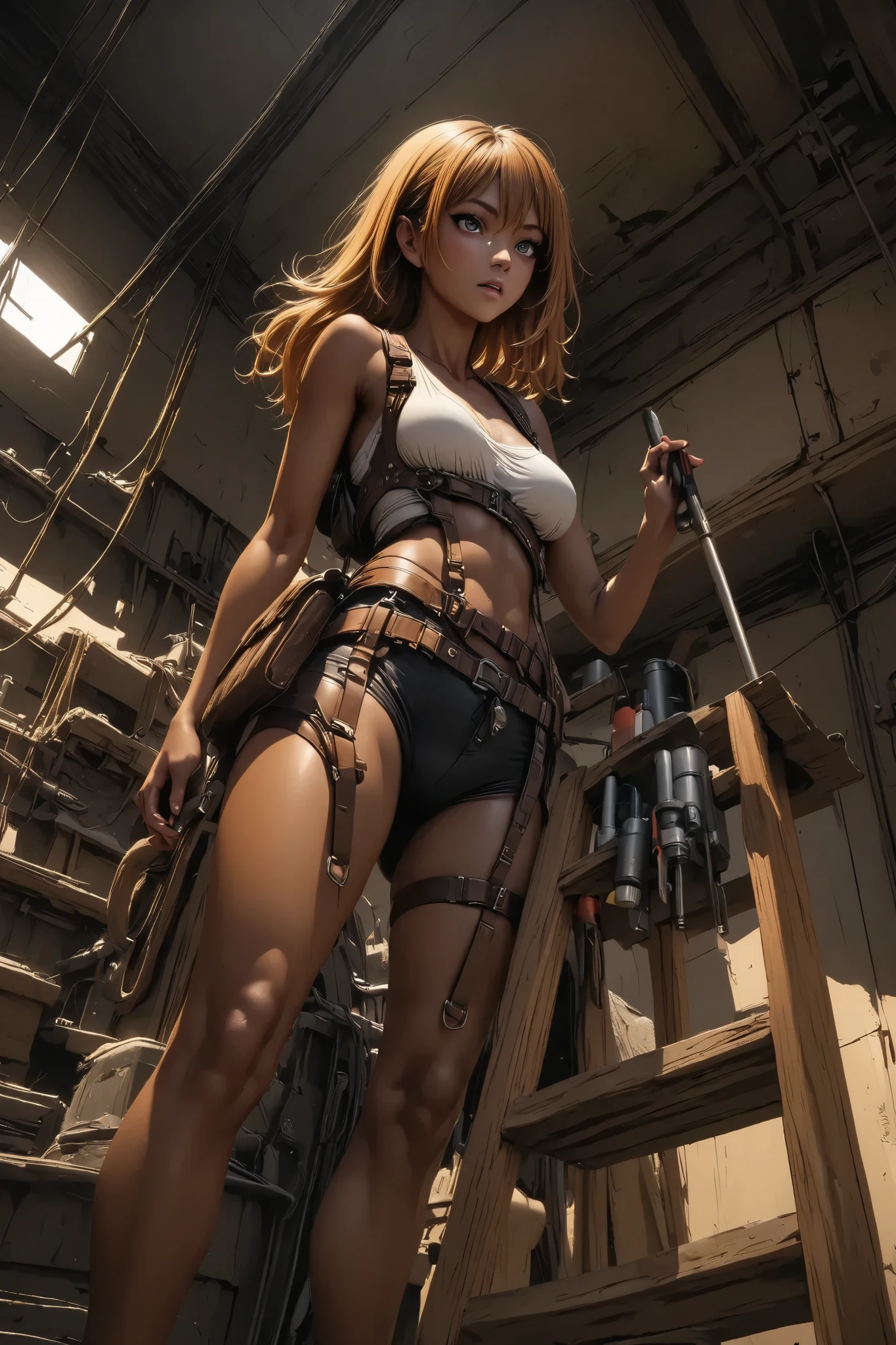 Beautiful woman doing electrical work , stepladder、 anatomically accurate electrical work 、 equipped with lots of tools on a tanned leather tool belt、Full Harness、 perfect eyes、Glossy brown skin