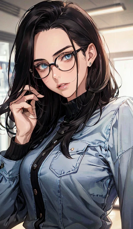 31 year old face , beautiful, mature, black hair, blue eyes, Legal , very high, casual, wear glasses, rico, Perfect face, detailed face, aesthetic, corpo Atlético , Sensual