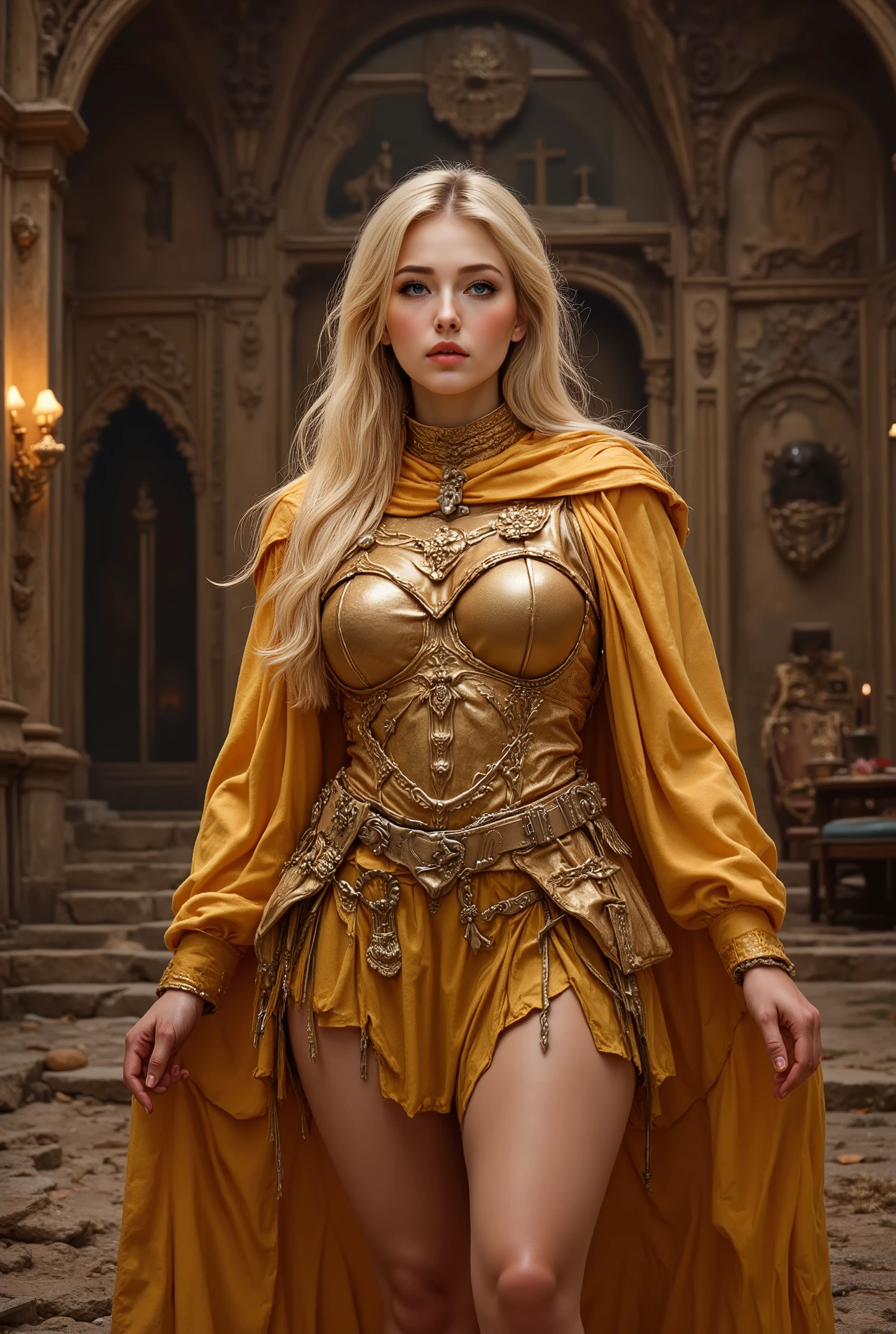 full body shot , 18 year old photoshoot , beautiful face, Plus Size, Athletic ability , plump bust woman , long blonde hair , blue eyes, red lips, white skin, (((Luxurious golden armor))), ((fantasy gold cloak)), depth of coverage, Ultra High Resolution, masterpiece, ( in an old castle;1.3), ((night:1.3)),