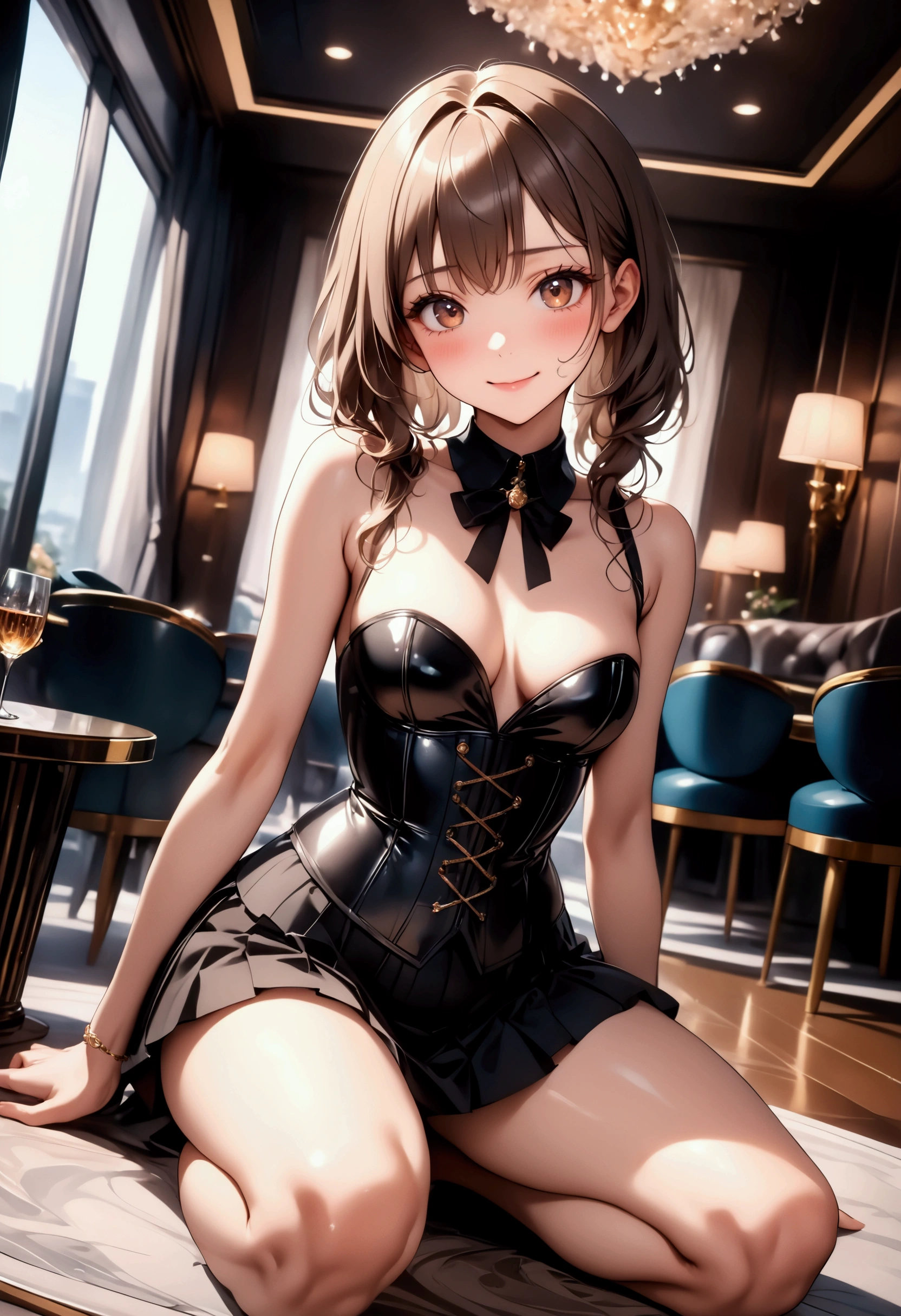 masterpiece, best quality, 8k, sharp focus, depth of field, best shadows, perfect lights, HDR, realistic skin texture, hyper detailed background, inspired by Poppy Drayton, strapless, cleavage showing flat chest, warm skin, ecchi face, yuri, ecchi, at a random scenario, ((cosplaying as a cat girl)) ((small breasts)), leather