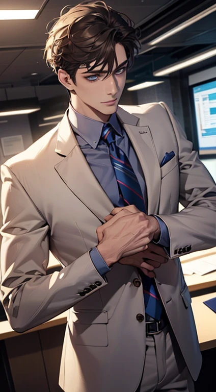(best quality,4k,8k,highres,masterpiece:1.2),ultra-detailed,(realistic,photorealistic,photo-realistic:1.37),1 man,31 years old,mature man,very handsome,without expression,smile,short grey pink hair,blue eyes,penetrating gaze,perfect face without errors,imposing posture,businessman,office background,cinematic lighting,hdr image