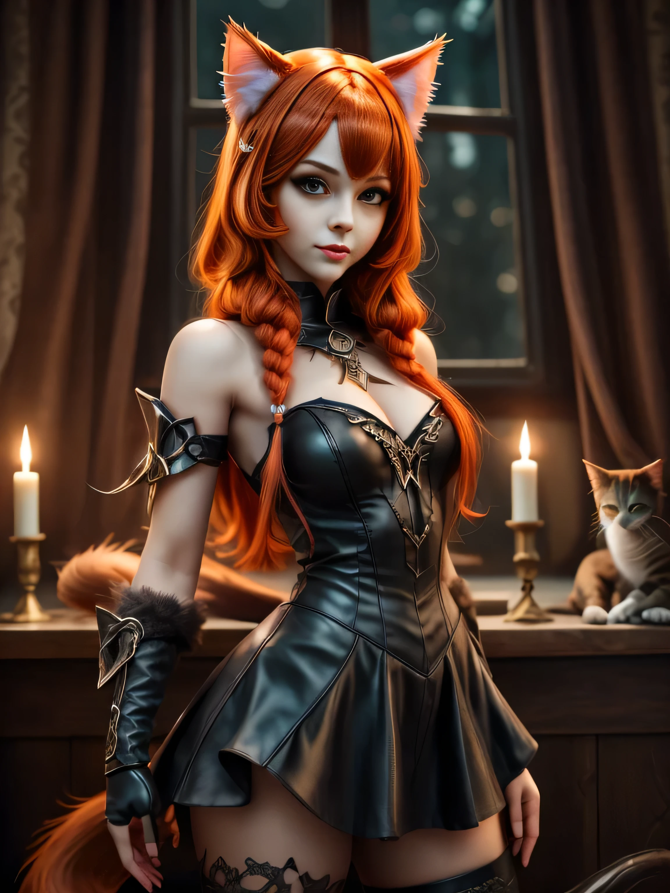 there is a doll with red hair and a cat ears, full body of a goth catgirl, dollpunk, artdoll, [ trending on cgsociety ]!!, beautiful young catgirl, wlop loish and clamp style, cgsociety ), cgsociety - w 1 0 2 4 - n 8 - i, cgsociety 9, bjd, cgsociety