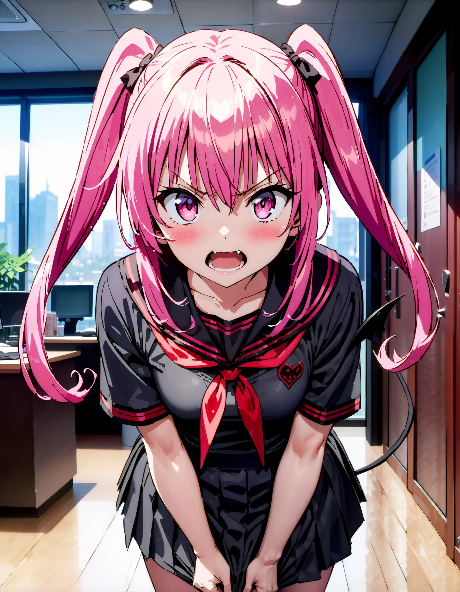 Nana Devil, Nana Asta Deviluk,Solo fangs , long hair, pink eye, pink hair with a scar, demon tail , Twin Tails, small tits, Embarrassing,blush,Angry, open their mouths,Black sailor suit, black mini pleated skirt ,Black socks,Brown loafers, Tight skirt tug, style lifting hold the skirt with both hands,whole bodyがイラストに入るように,
break looking at viewer,whole body,
break indoors, office,
break (masterpiece:1.2), top quality, high resolution, unity 8k 壁紙 , (shape:0.8), ( attention to beautiful details :1.6), Highly Detailed Face , perfect lighting, highly detailed CG, ( perfect hand, perfect anatomy),