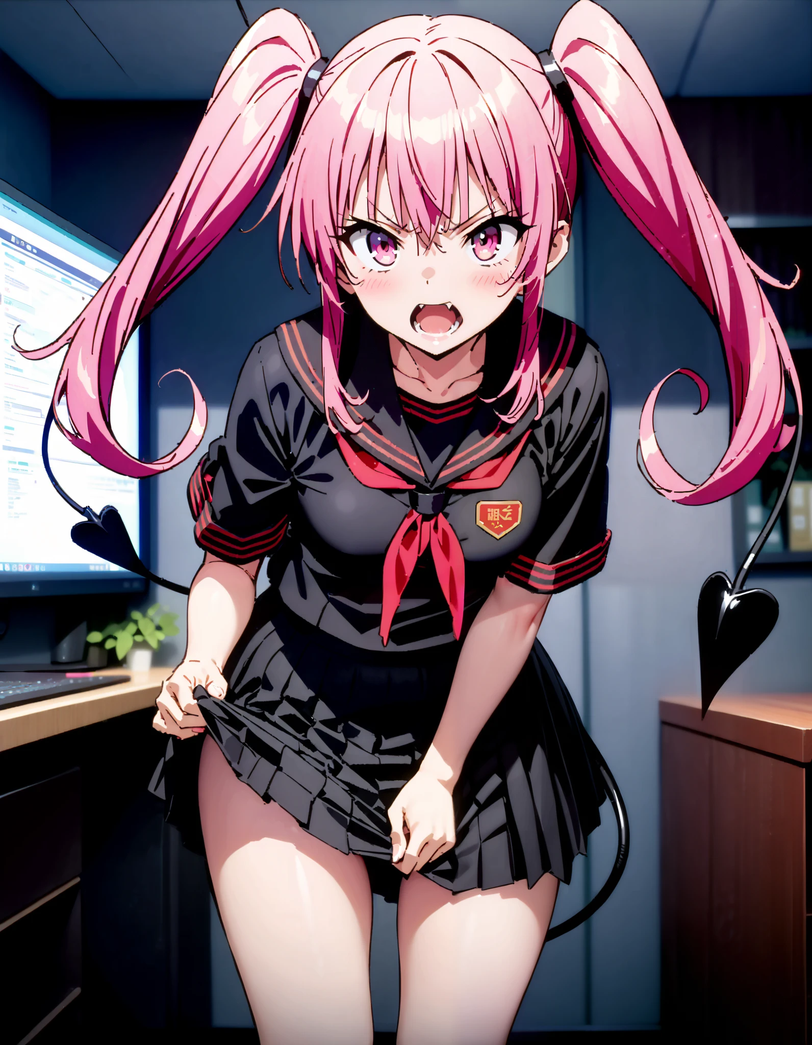 Nana Devil, Nana Asta Deviluk,Solo fangs , long hair, pink eye, pink hair with a scar, demon tail , Twin Tails, small tits, Embarrassing,blush,Angry, open their mouths,Black sailor suit, black mini pleated skirt ,Black socks,Brown loafers, Tight skirt tug, style lifting hold the skirt with both hands,whole bodyがイラストに入るように,
break looking at viewer,whole body,
break indoors, office,
break (masterpiece:1.2), top quality, high resolution, unity 8k 壁紙 , (shape:0.8), ( attention to beautiful details :1.6), Highly Detailed Face , perfect lighting, highly detailed CG, ( perfect hand, perfect anatomy),