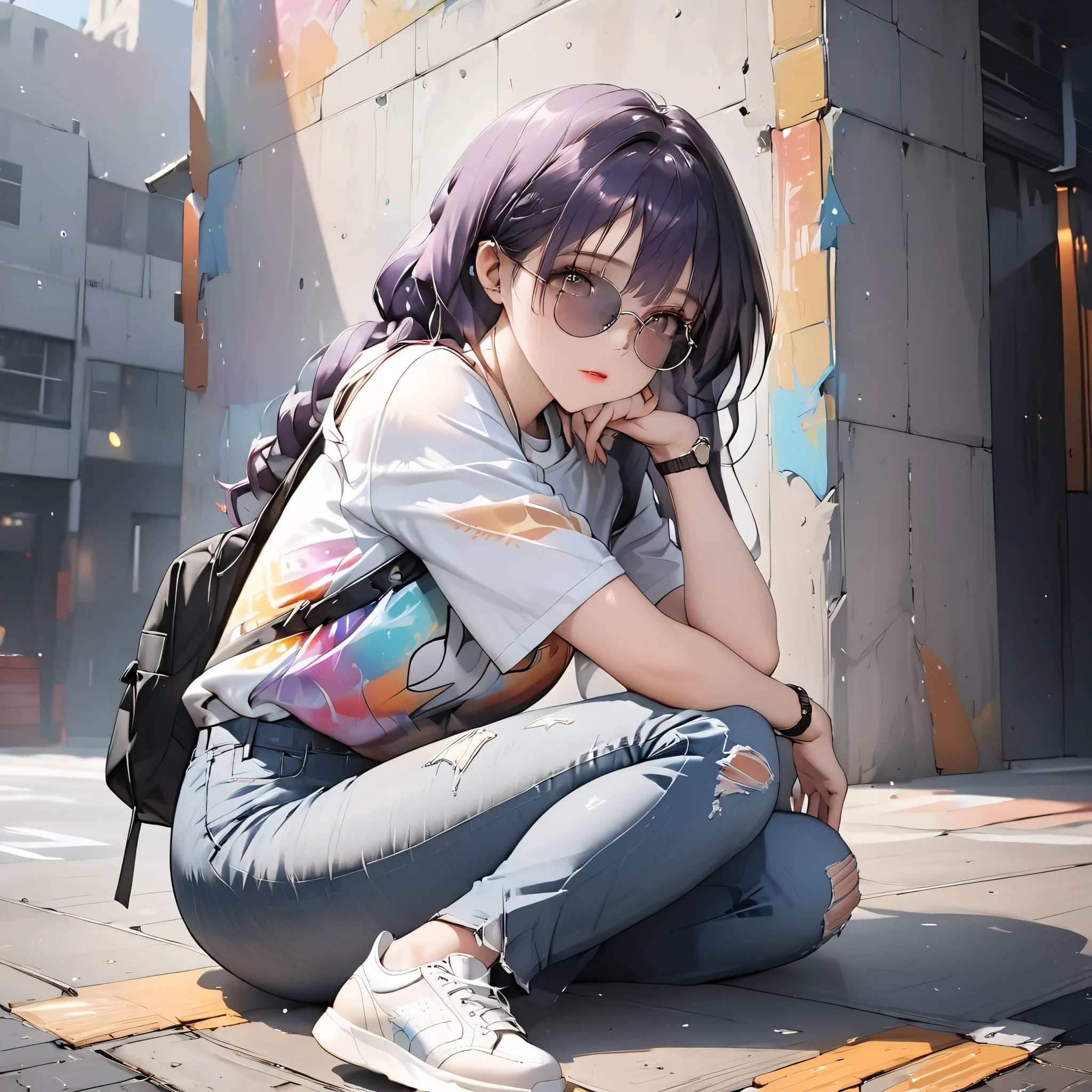 (beautiful girl:1.3),1girl,masterpiece,Highest quality,Ultra-high resolution,rich contrast,super high quality,8k,Highly detailed CG unit wallpaper,texture,Incredibly absurd,Ultra-high resolution,Highest quality anime,professional photograph,an extremely delicate and beautiful,RAW Photos,Depth of Field 1.2,ultra-detailed eyes,Glitter Effect,Beautiful glossy lips, 25years old, gorgeous legs, noise perfect, gorgeous ass, EPngeKatsuragiMisato, gorgeous ass, dynamic pose, sensual woman, seductive woman, mature woman, Milf, maternal, shy look, full body, dark purple hair, long hair, brown eyes, Misato Katsuragi, (type of photo: medium shot, portraying the person from head to waist), Casual Chic Set (Urban Style): Upper: Light gray oversized cotton T-shirt with an abstract artistic print in pastel tones. The neck is round and slightly elastic. Bottom: High-waisted, straight-cut jeans, worn at the thighs and subtly ripped at the knees. Shoes: White sports shoes, with metallic details on the sides. Accessories: Large sunglasses, black leather backpack and a minimalist watch.