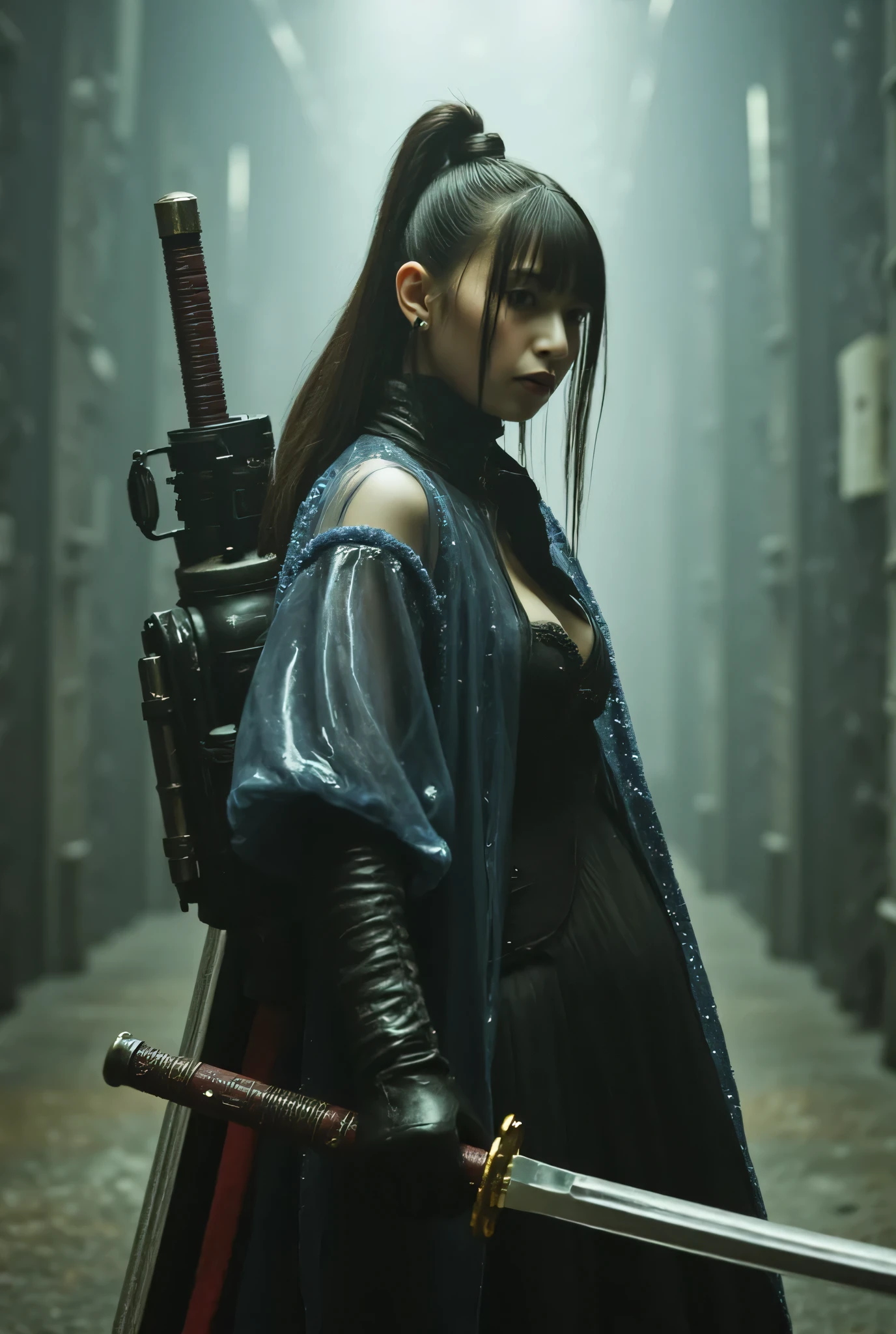 (((The dark interior of the Nostromo ship :2.0))),((( HR Gigger Style Cyberpunk Atmosphere :2.0))),((( Hold a cyberpunk-style Japanese sword :2.0))), standing,((whole body:2.0)), one woman,( cute face),(Beautiful well-balanced face ),(( natural big breasted :2.0)),( black hair:1.5),( beautiful eyes:1.3), Glamorous Shot of a 20-year-old Japanese Woman , Slender Beautiful Body ,( Model Body Type :1.3),(Slim body:1.3), perfect body line, Ideal Proportions ,(( big breasts:2.0)),((F cup breasts:1.5)),Big Breasts,Bare thighs, sensual thighs, delicate body,( Shrimp:1.7),A harmonious posture,((Realistic breast depiction :1.7)), carefully depicts perfect anatomical limbs,(( futuristic samurai armor-like blue glowing transparent glass leotard :1.5)),Filled with multicolored LEDs,(( super high-leg leotard made of camy-like clear glass that fits the body:1.5)),(( samurai armor-like blue translucent military coat with front opening over a leotard:2.0)),((translucent blue military coat :2.0)),(ear monitor:1.5),((Tactical Holster:1.5)),( gloves:1.3), Concept Art,( top quality:1.5),(masterpiece:1.5),(Super high resolution),resolution,UHD,( delicate depiction), carefully drawn with butterfly wings ,32K,(( realistic skin texture:1.5)),((( super realistic :1.5))),Draw eyelashes carefully, Highly Detailed Face ,Highly detailed female hand,Sexy appearance,Very sensual,(Blurry Dim Backgrounds :1.5), Professional Photoshoot,( Movie Lighting:2.0),(( Blade Runner Style Lights :2.0))