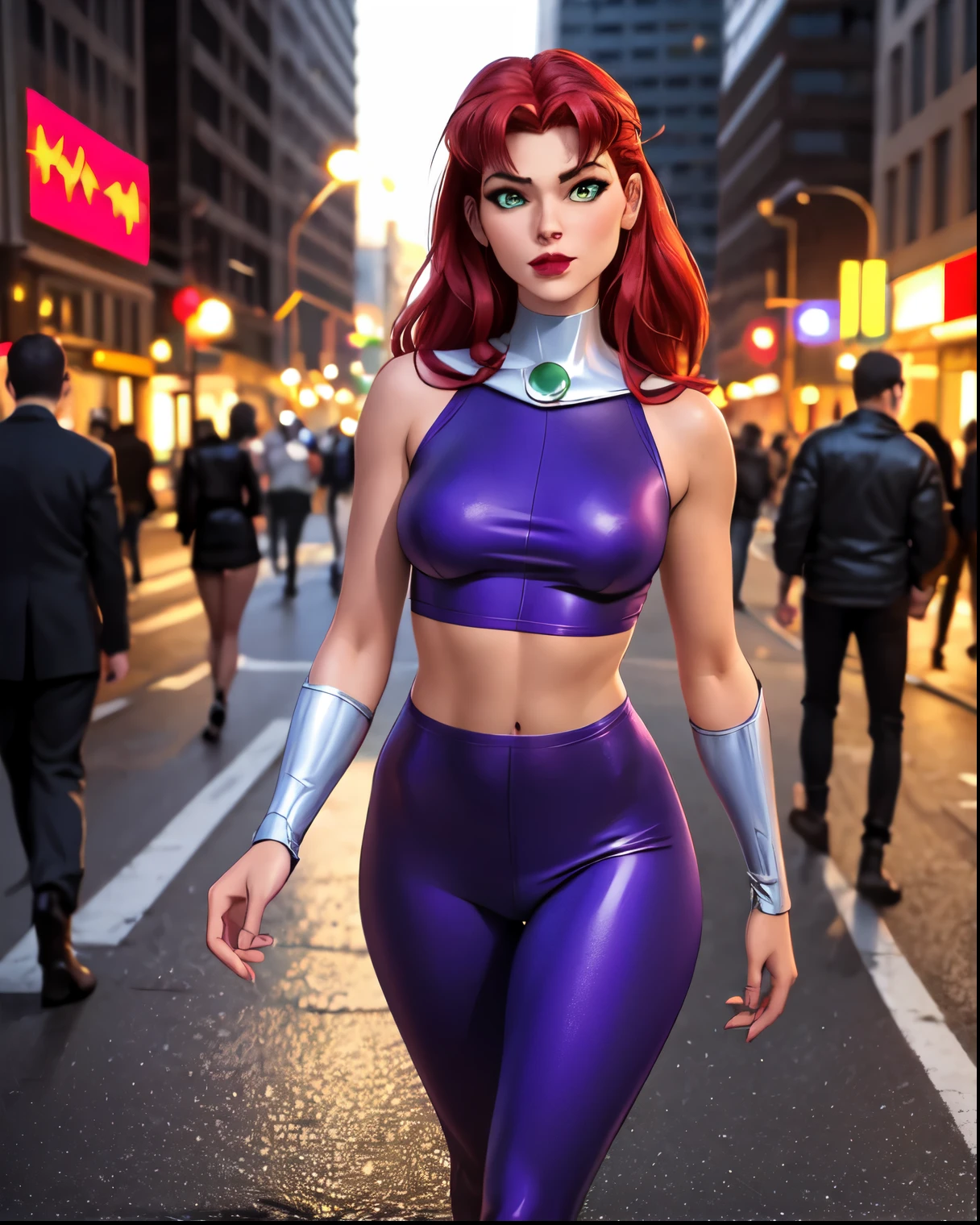 (ultra realistic,32k, masterpiece:1.2),(high detailed skin:1.1),( high quality:1.1),
<lora:WinxClubDarkBloom:0.8>Dark Bloom,disdain, orange hair, yellow eyes, turtleneck top,ruffle skirt,long sleeves, thigh highs, mediterranean town park,sunshine, trees,blurry background,, (huge breast,large breast:1.1),fighting stance<lora:add_detail:0.96>,
(soft shaded neon light:1.1),