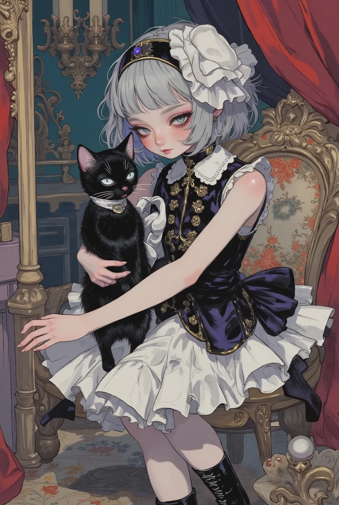 (masterpiece, perfect detail), ( 1girl , doll body, ball jointed doll, ball jointed, anatomy correct, Silver short bob, with bangs and eyes hidden , Purple Lips, Sleeveless gothic dress composed of black and white, Frills folded over and over, frill headband, Black ballet shoes , Kiss a cat on the cheek), ( I'm holding a black cat), ( Mysterious and fancy background just like in a dream), (front, front,front)