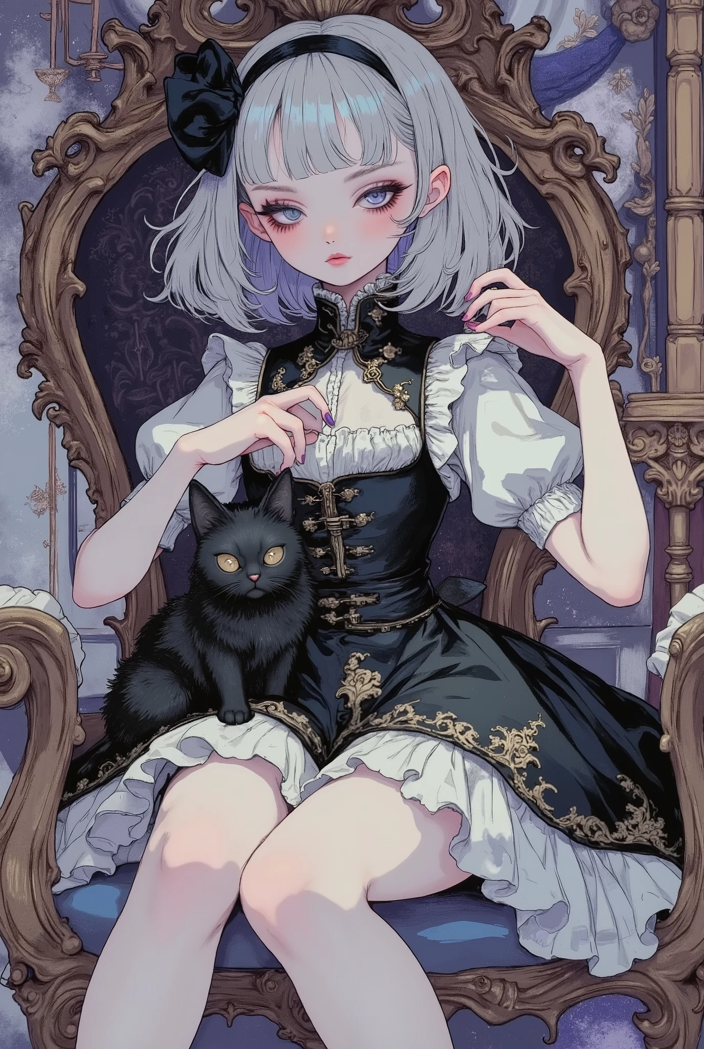 (masterpiece, perfect detail), ( 1girl , doll body, ball jointed doll, ball jointed, anatomy correct, Silver short bob, with bangs and eyes hidden , Purple Lips, Sleeveless gothic dress composed of black and white, Frills folded over and over, frill headband, Black ballet shoes , I'm pulling the cat's whiskers), (A black cat is on my lap), ( Mysterious and fancy background just like in a dream), (front, front,front)